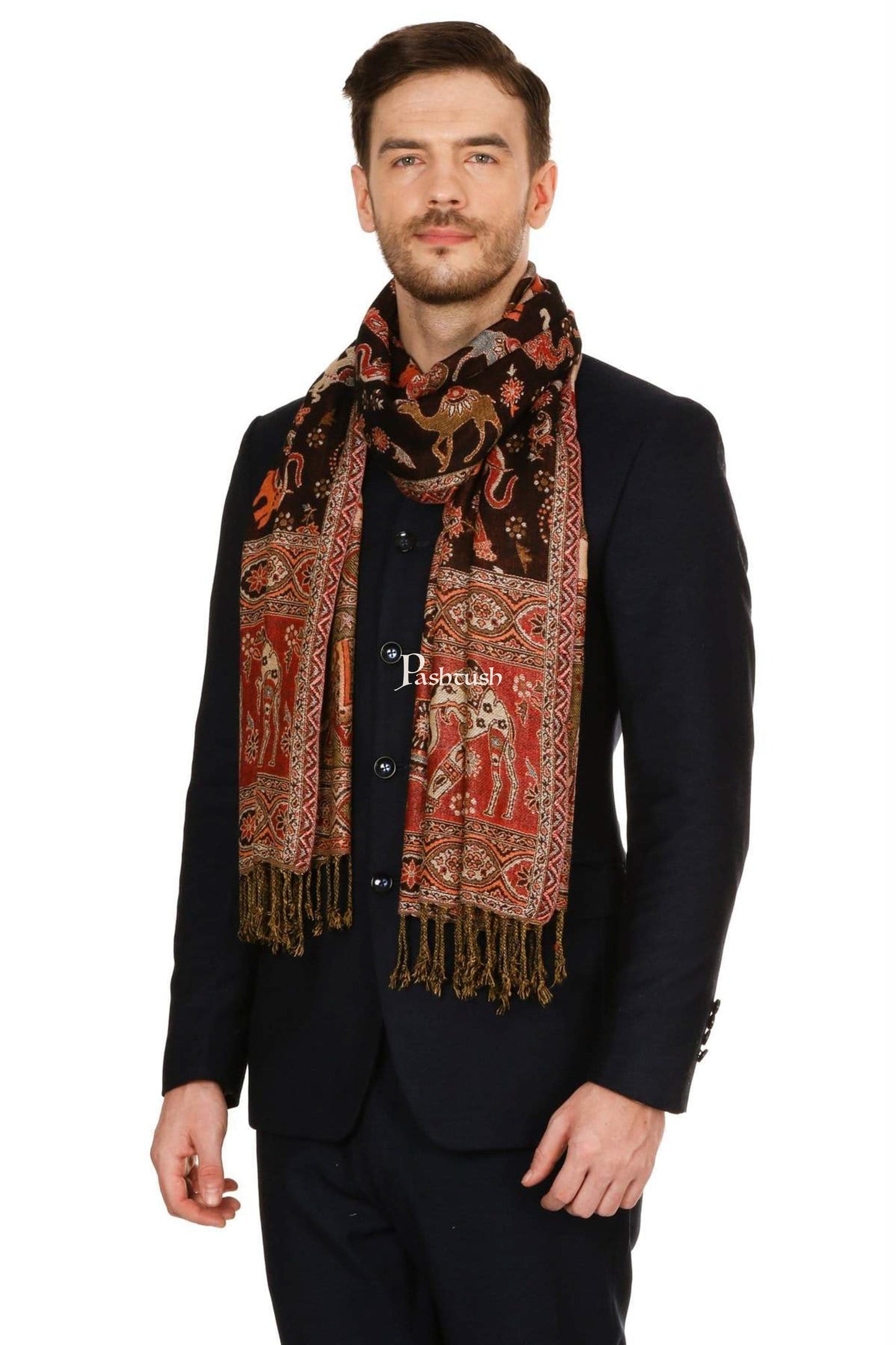 Pashtush India Mens Scarves Stoles and Mufflers Pashtush Mens Fine Soft Ethnic Stole - Brown