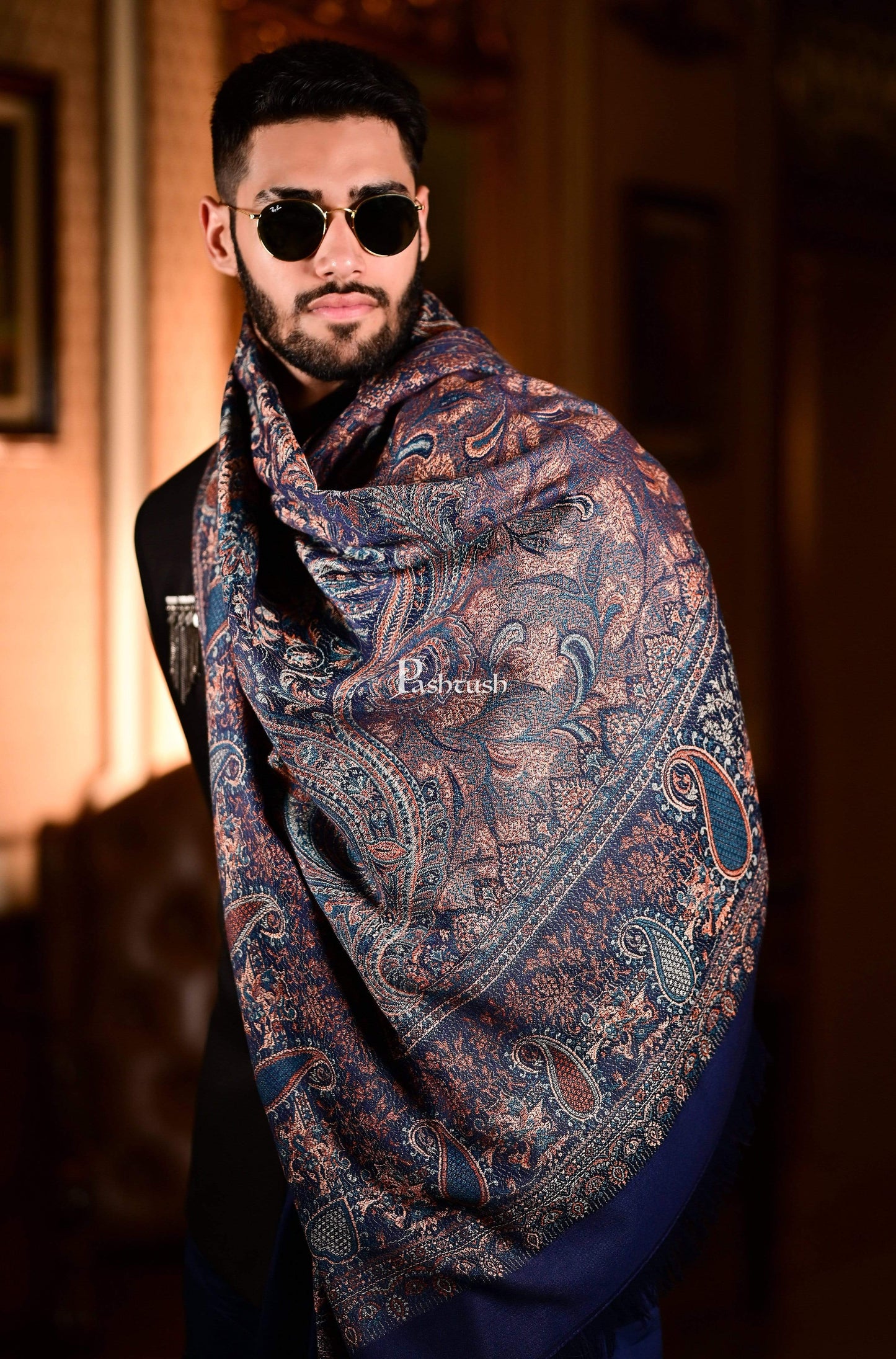 Pashtush India 70x200 Pashtush Mens fine Soft Ethnic Stole Navy Blue