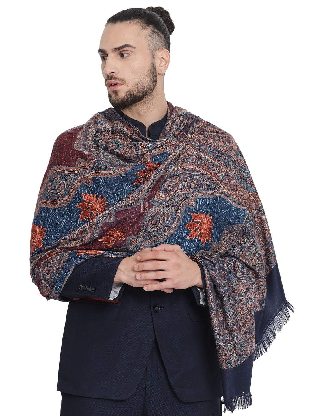 Pashtush India 70x200 Pashtush Mens fine Soft Ethnic Stole Navy Blue