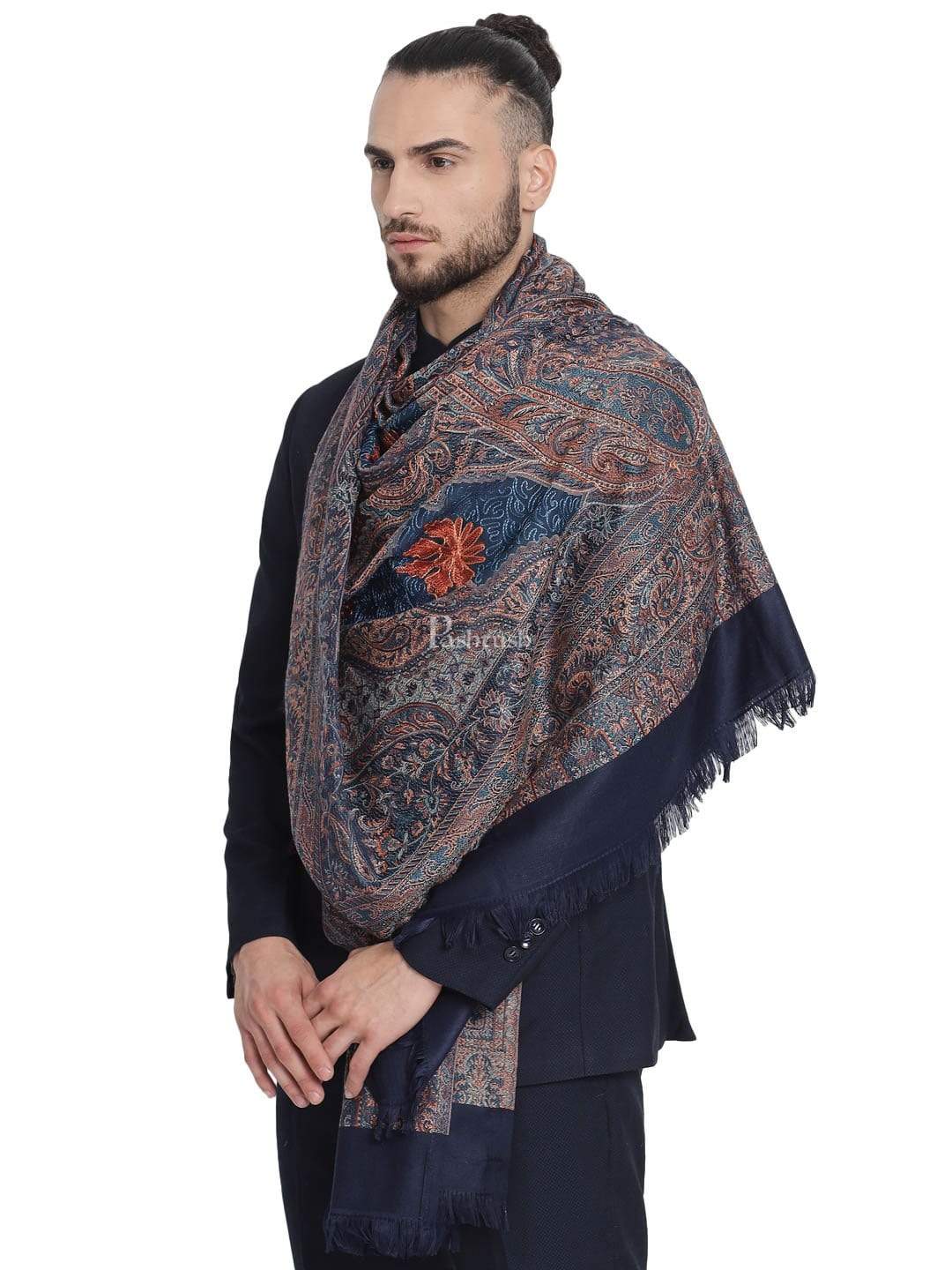 Pashtush India 70x200 Pashtush Mens fine Soft Ethnic Stole Navy Blue