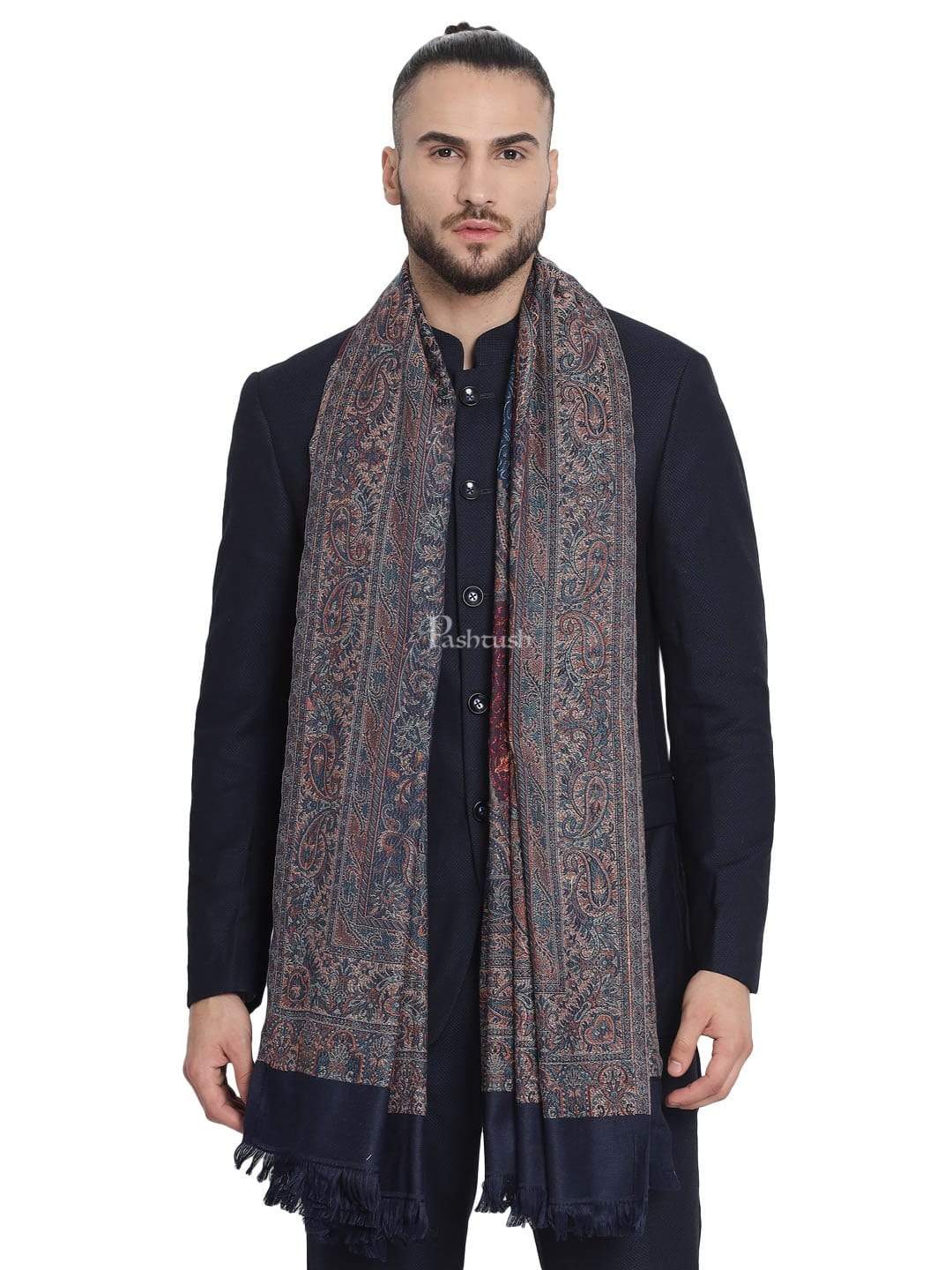 Pashtush India 70x200 Pashtush Mens fine Soft Ethnic Stole Navy Blue