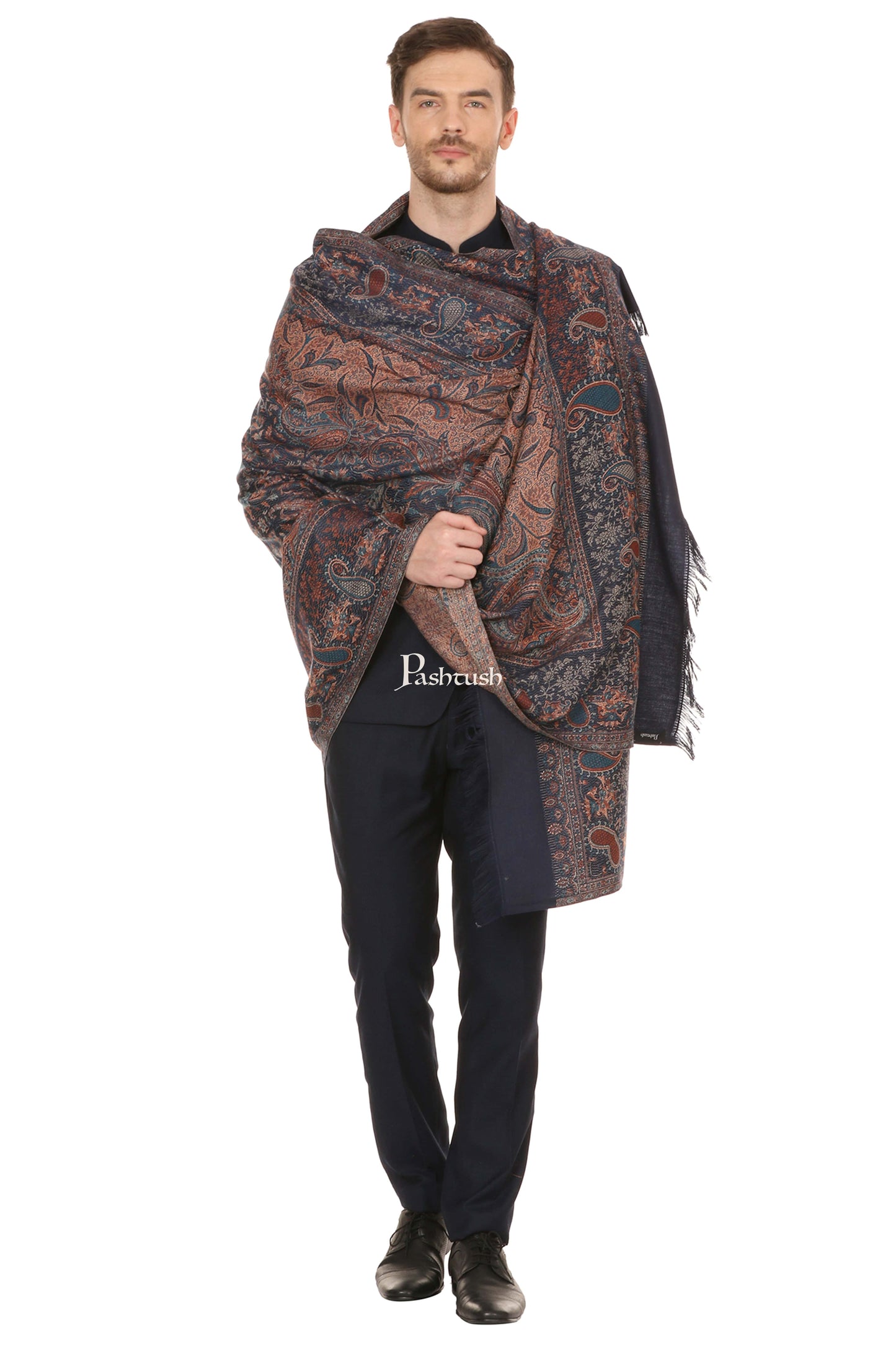 Pashtush India Mens Scarves Stoles and Mufflers Pashtush Mens Fine Soft Ethnic Stole Navy Blue