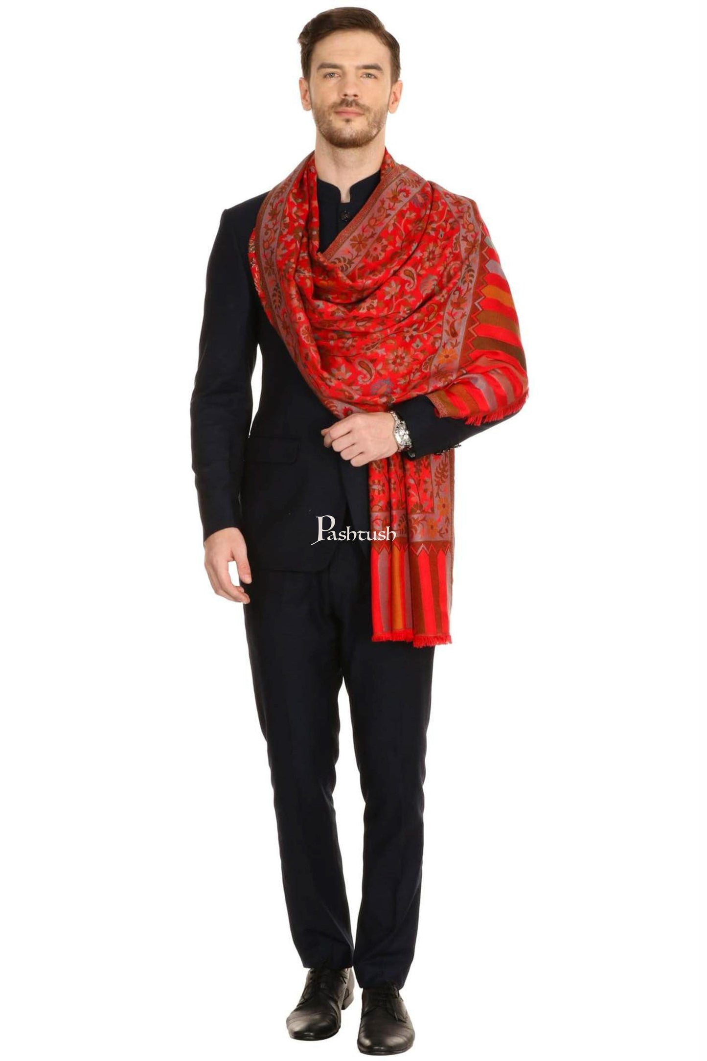 Pashtush India Mens Scarves Stoles and Mufflers Pashtush Mens Fine Soft Ethnic Stole - Red