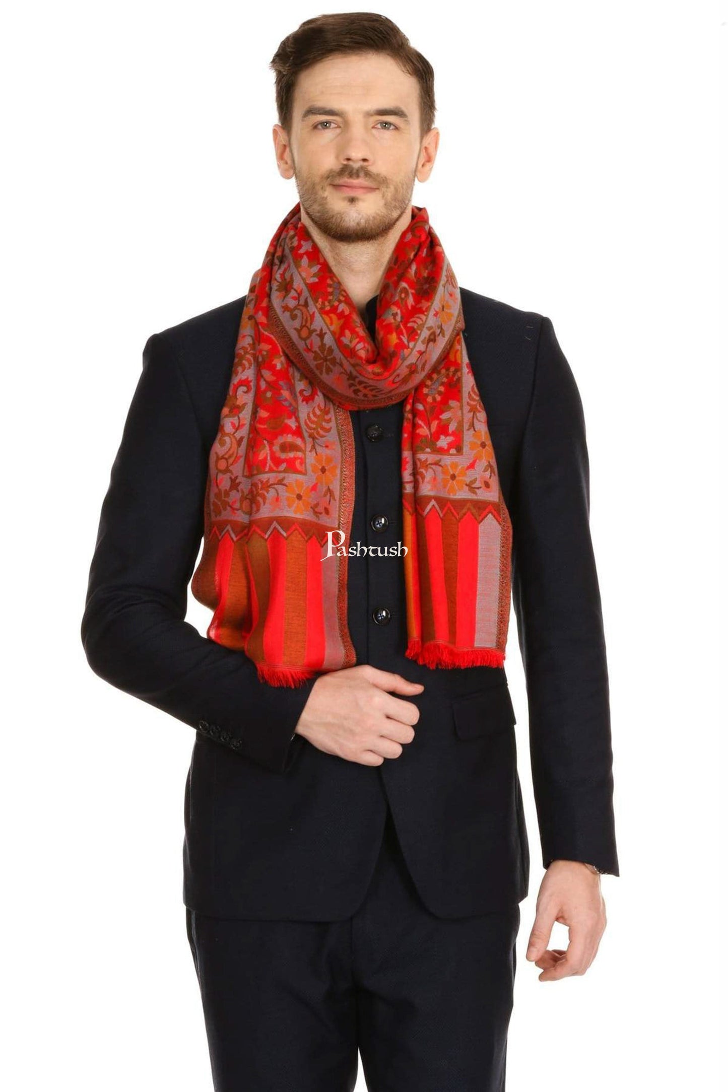 Pashtush India Mens Scarves Stoles and Mufflers Pashtush Mens Fine Soft Ethnic Stole - Red