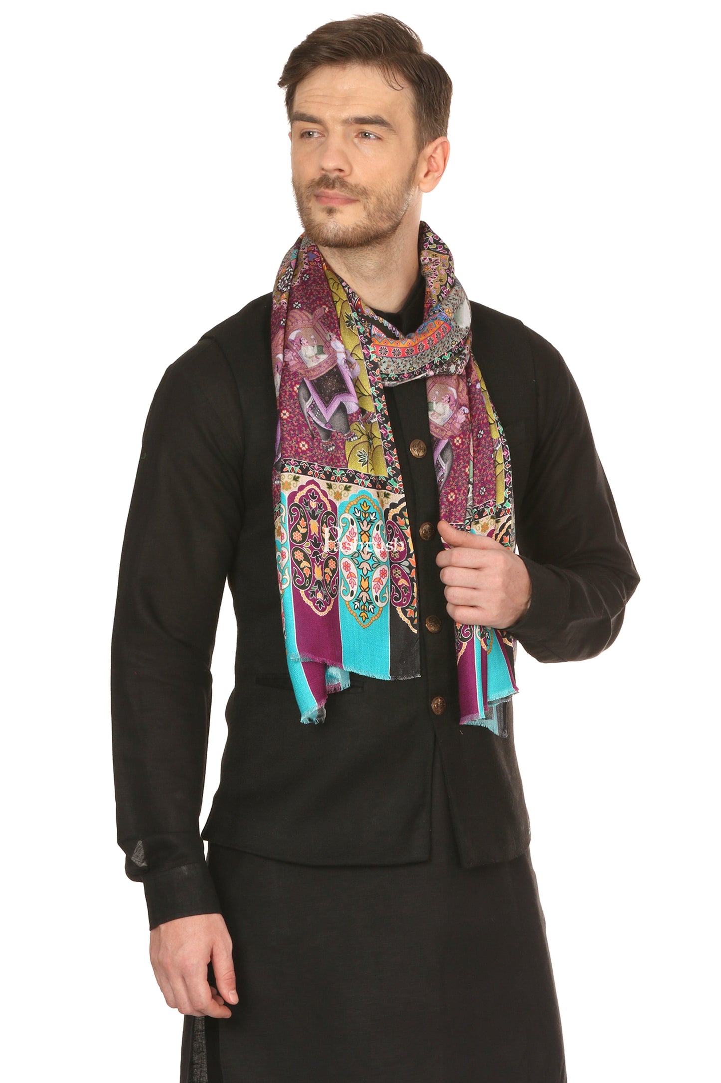 Pashtush India Mens Scarves Stoles and Mufflers Pashtush Mens Fine Soft Printed Stole, Mughal Darbar