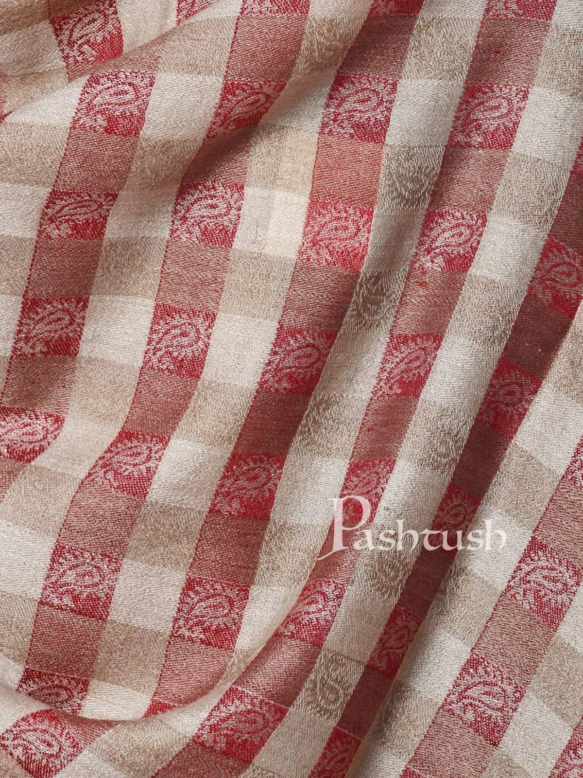 Pashtush India 70x200 Pashtush Mens Fine Wool Checkered Stole, Crimson and Beige
