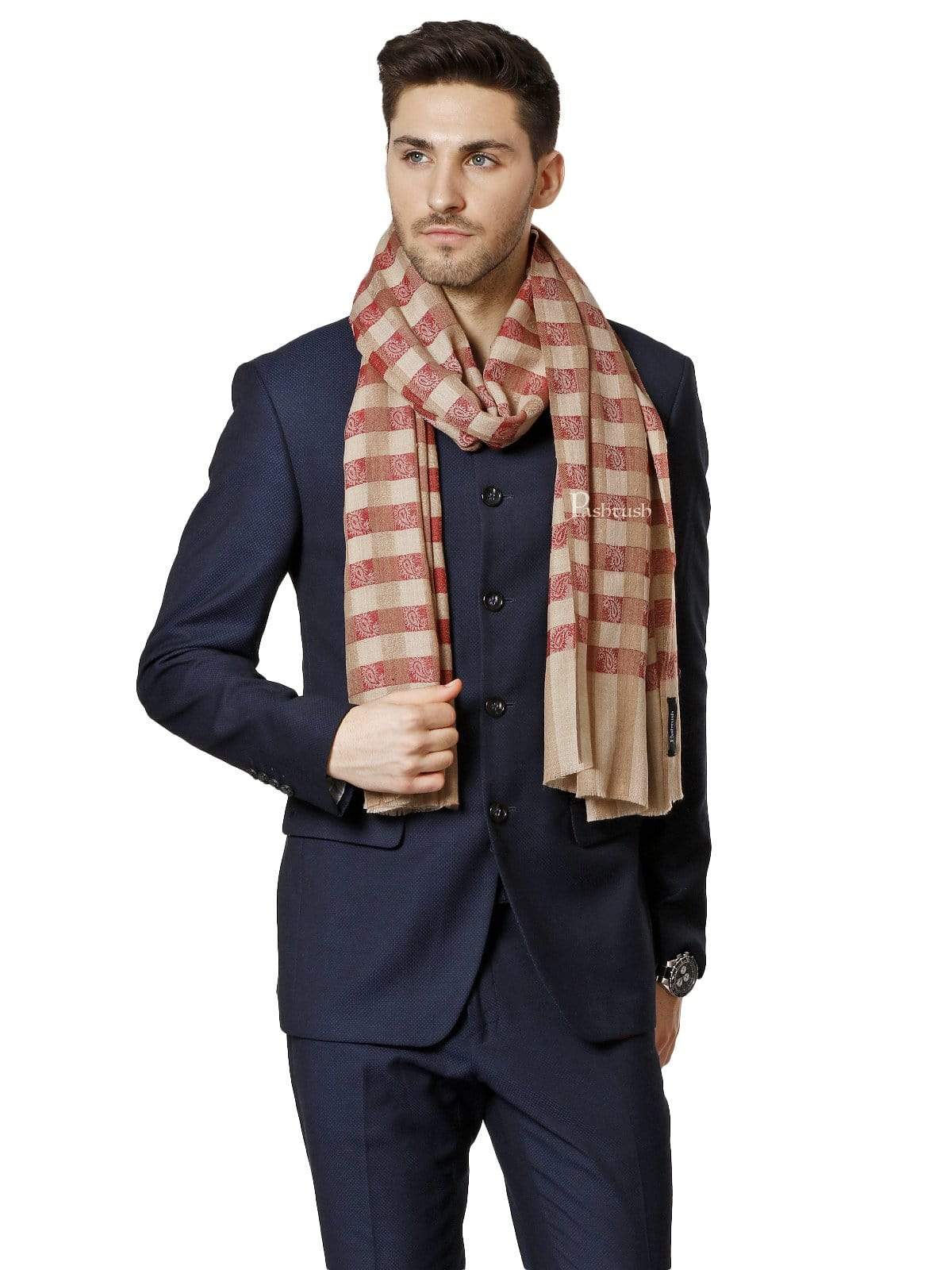 Pashtush India 70x200 Pashtush Mens Fine Wool Checkered Stole, Crimson and Beige