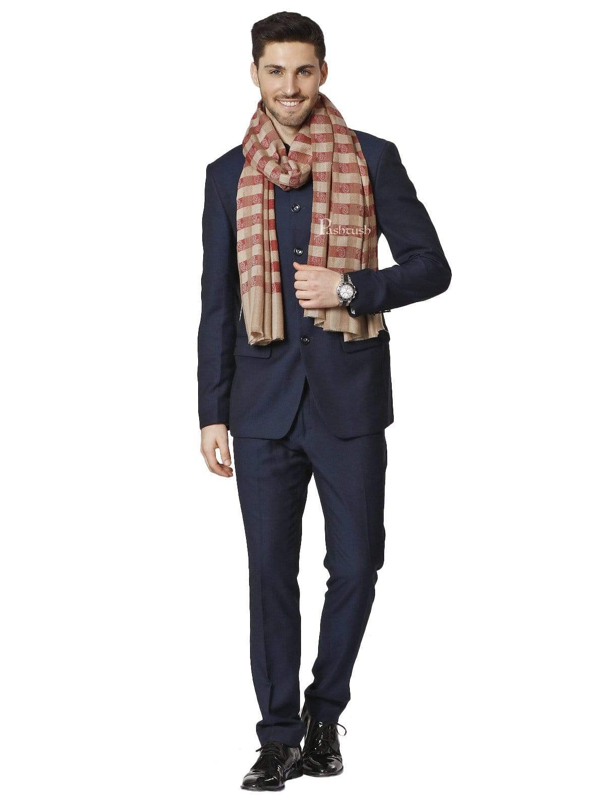 Pashtush India 70x200 Pashtush Mens Fine Wool Checkered Stole, Crimson and Beige