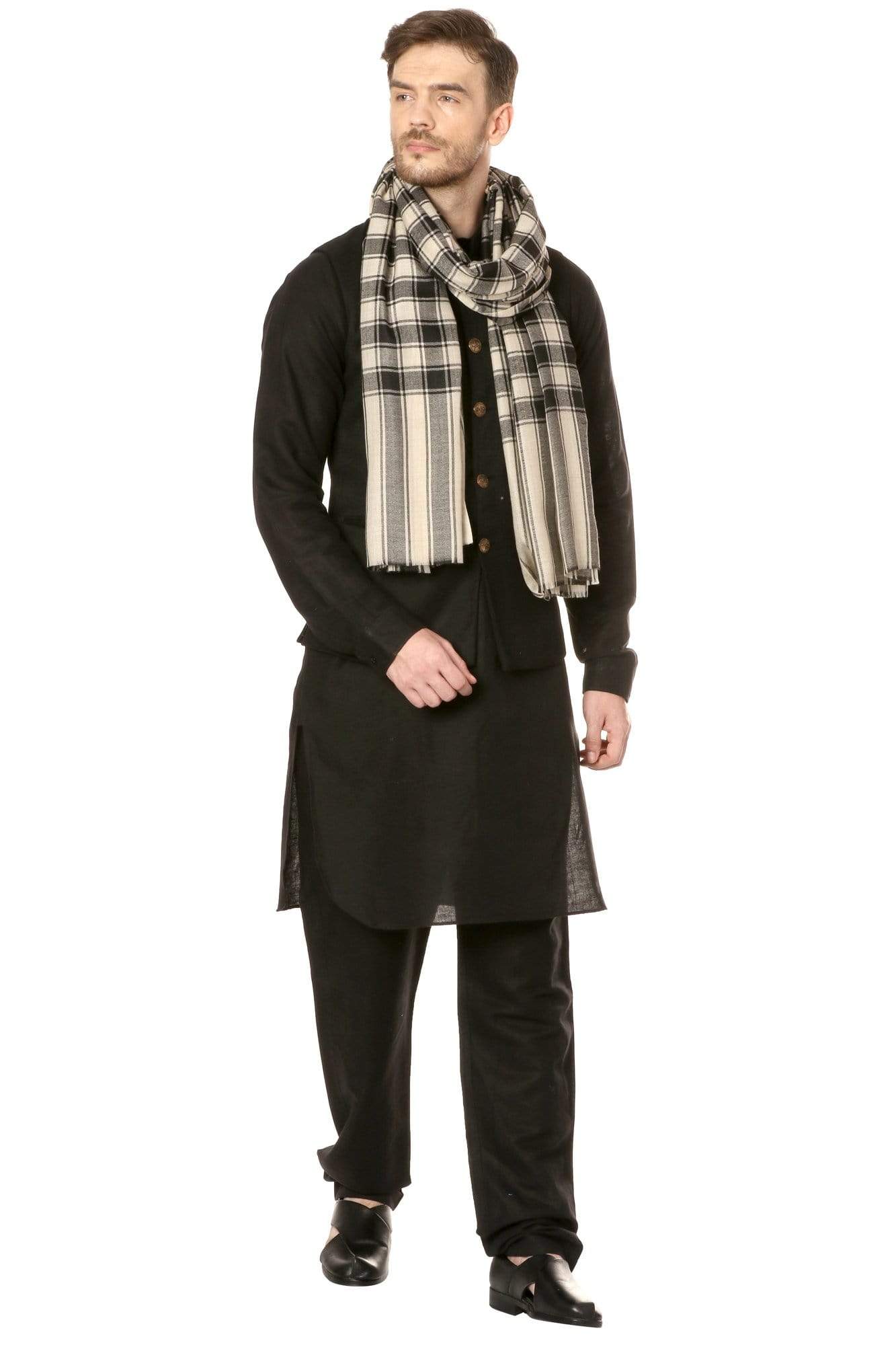 Pashtush India 100x200 Pashtush Mens Fine Wool Checkered Stole, Extra Soft and Warm - Black and Beige
