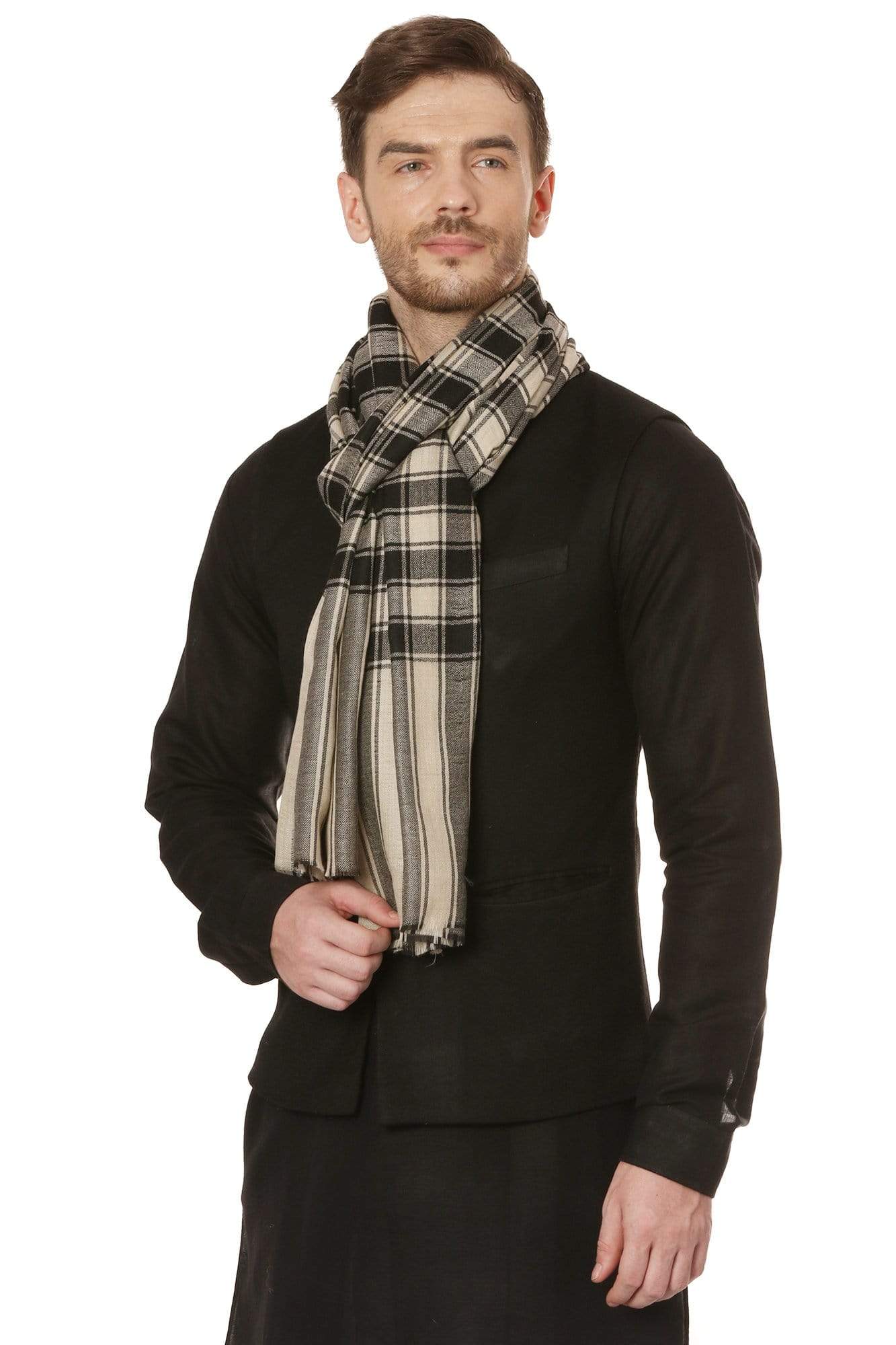 Pashtush India 100x200 Pashtush Mens Fine Wool Checkered Stole, Extra Soft and Warm - Black and Beige