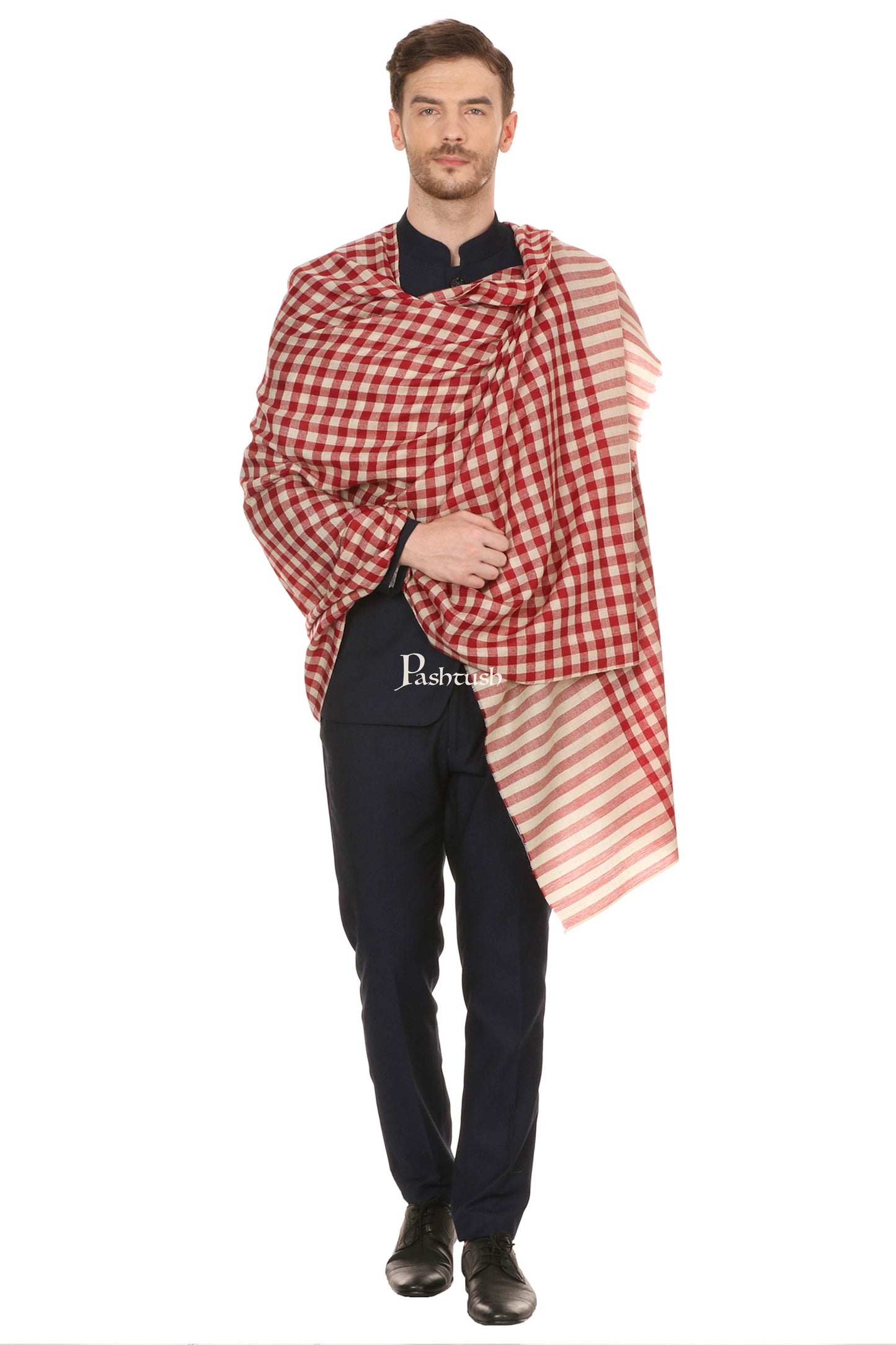 Pashtush India Mens Scarves Stoles and Mufflers Pashtush Mens Fine Wool Checkered Stole, Extra Soft And Warm - Maroon
