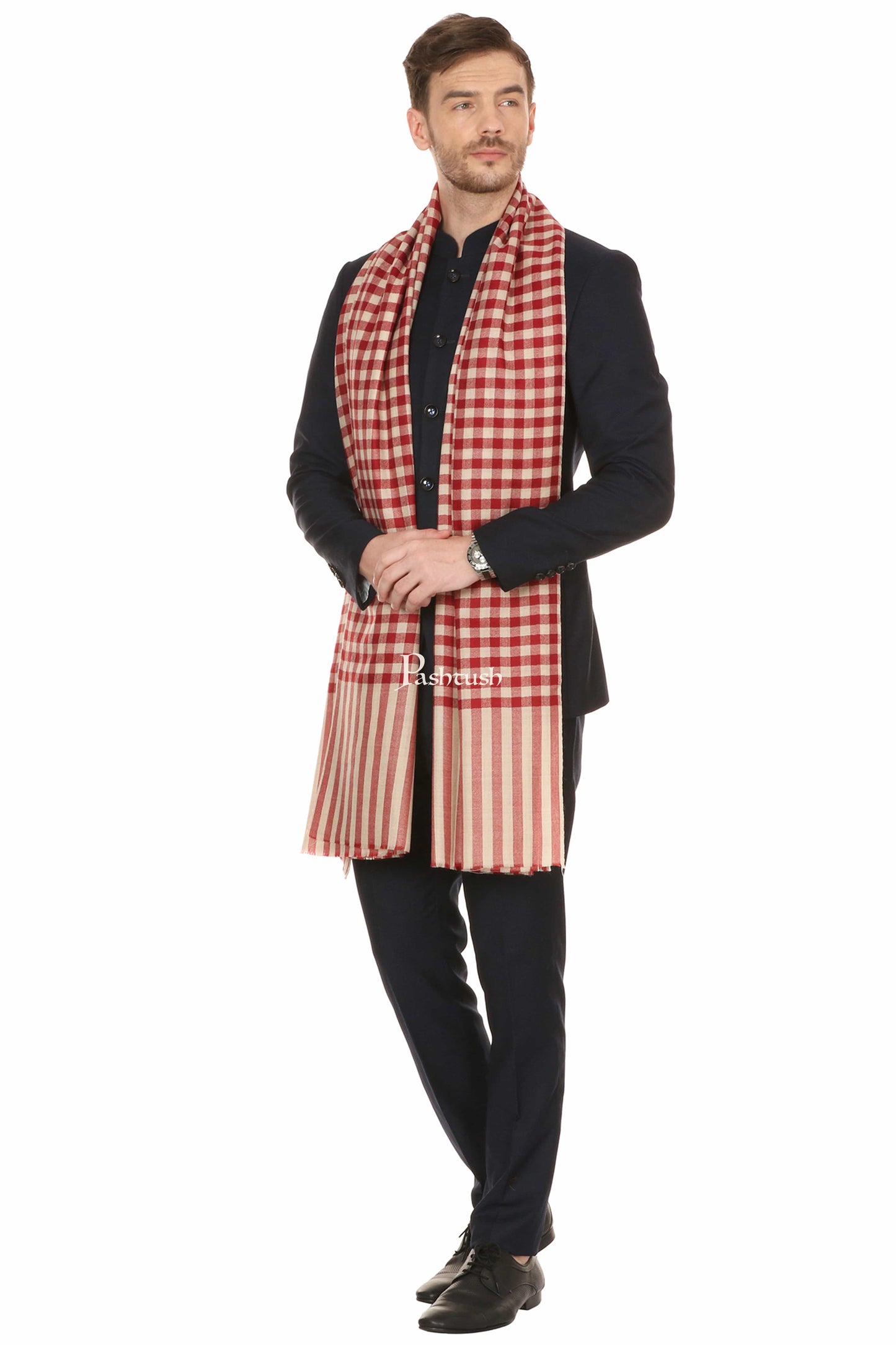 Pashtush India Mens Scarves Stoles and Mufflers Pashtush Mens Fine Wool Checkered Stole, Extra Soft And Warm - Maroon