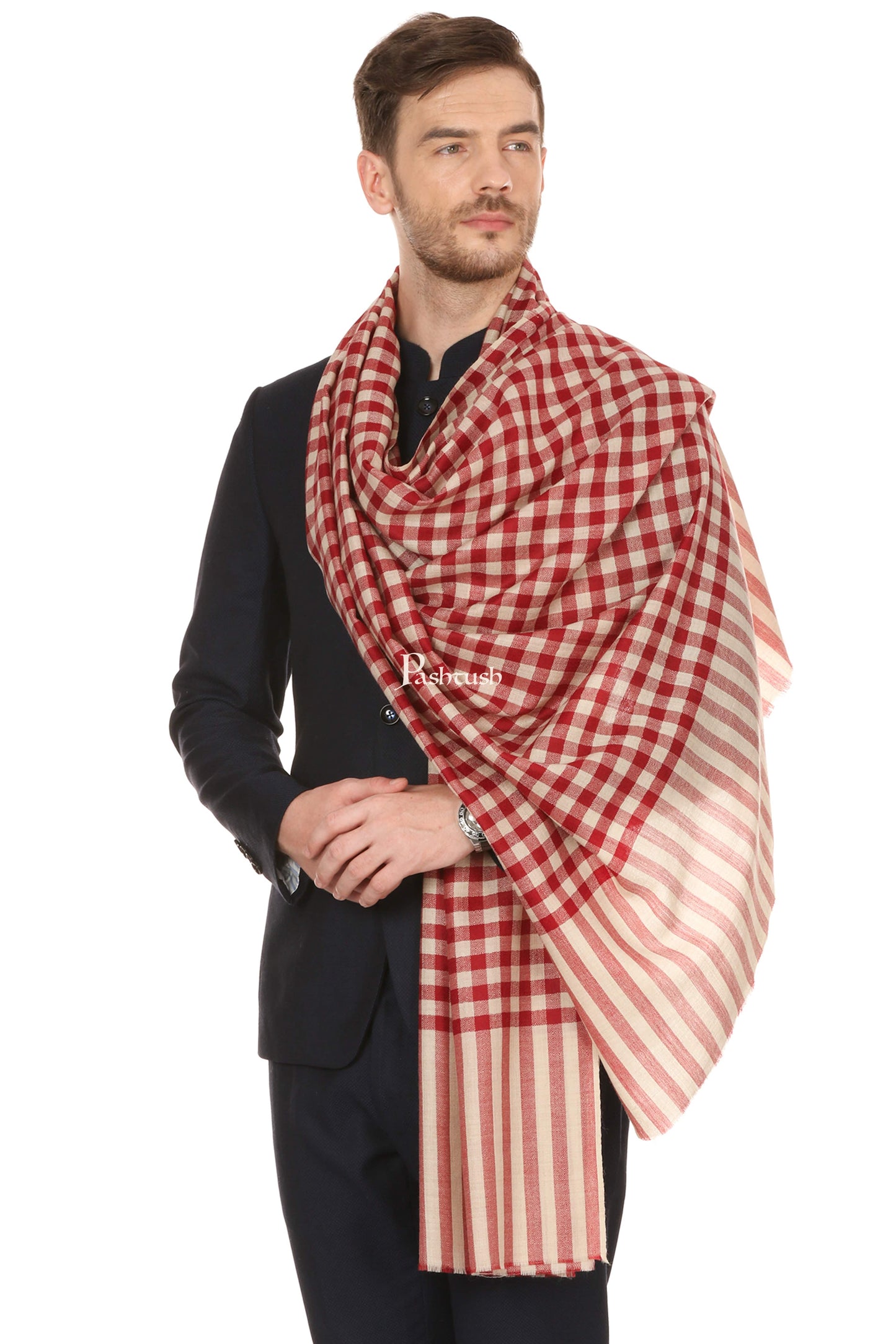 Pashtush India Mens Scarves Stoles and Mufflers Pashtush Mens Fine Wool Checkered Stole, Extra Soft And Warm - Maroon