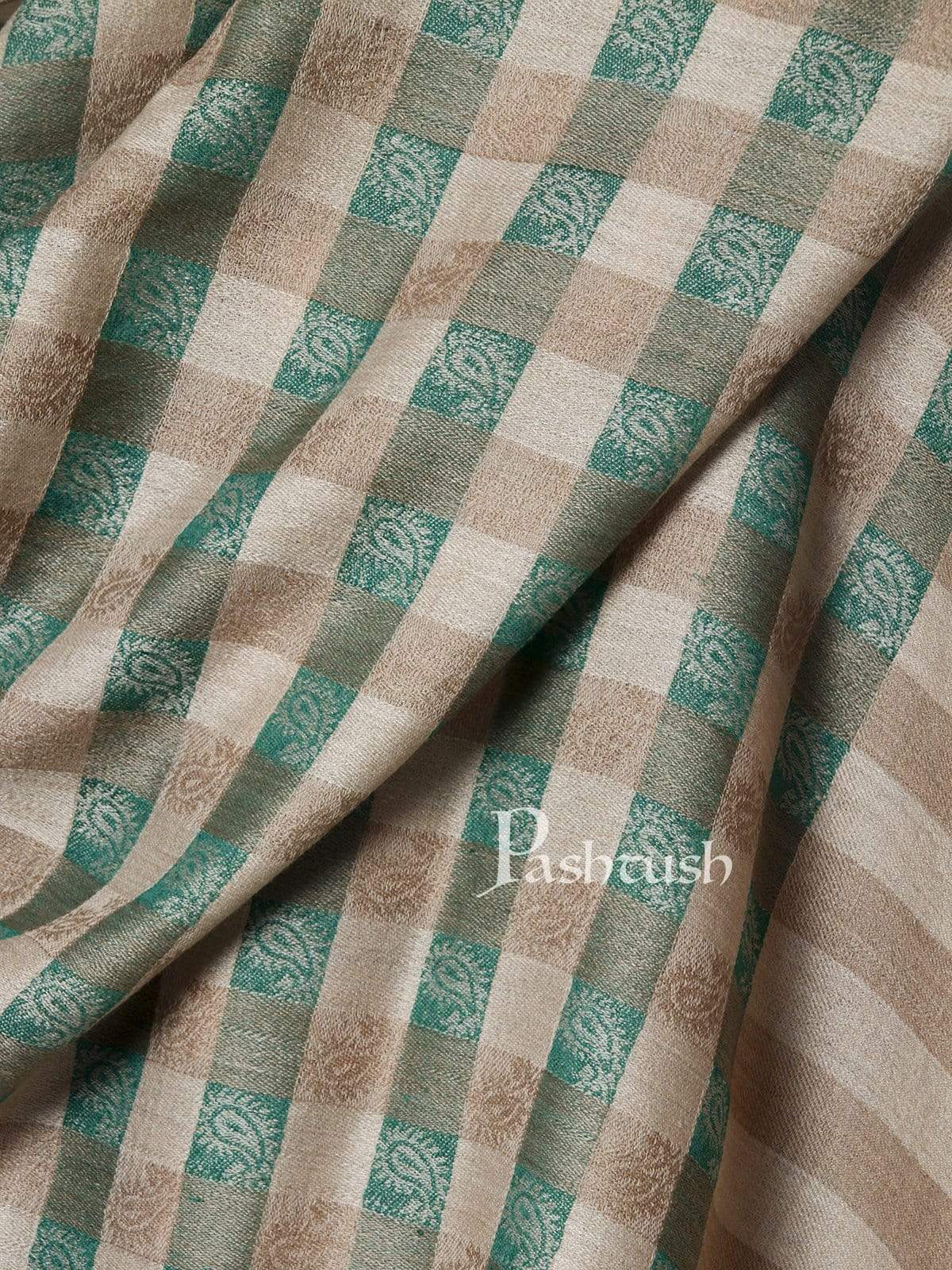 Pashtush India 70x200 Pashtush Mens Fine Wool Checkered Stole, Green and Beige