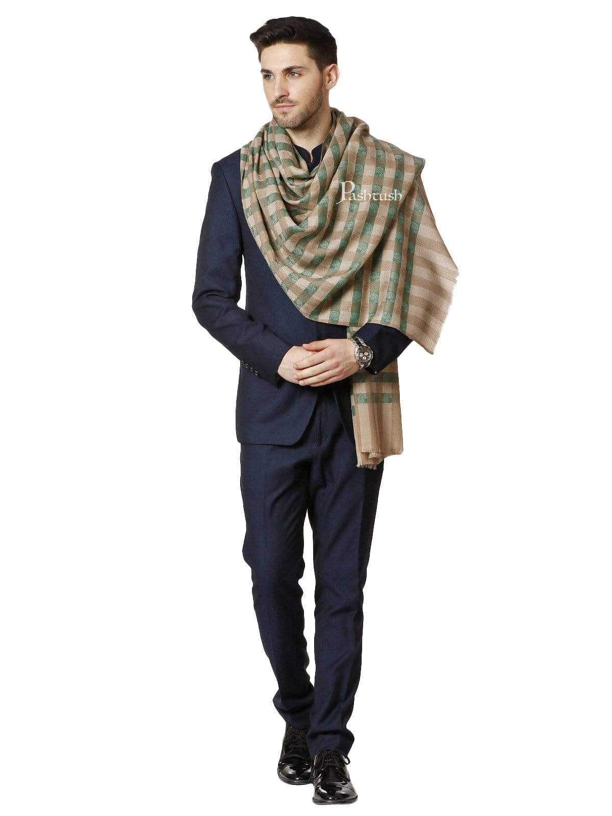 Pashtush India 70x200 Pashtush Mens Fine Wool Checkered Stole, Green and Beige