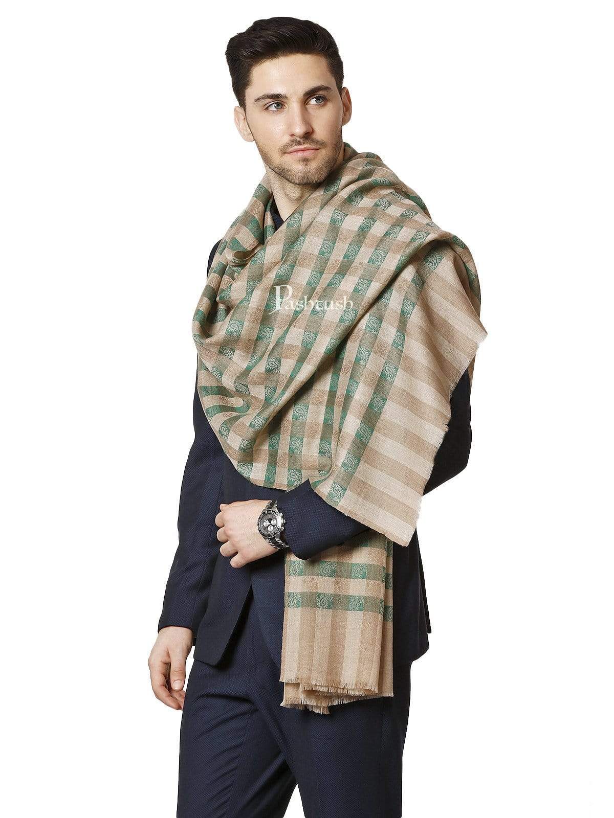 Pashtush India 70x200 Pashtush Mens Fine Wool Checkered Stole, Green and Beige