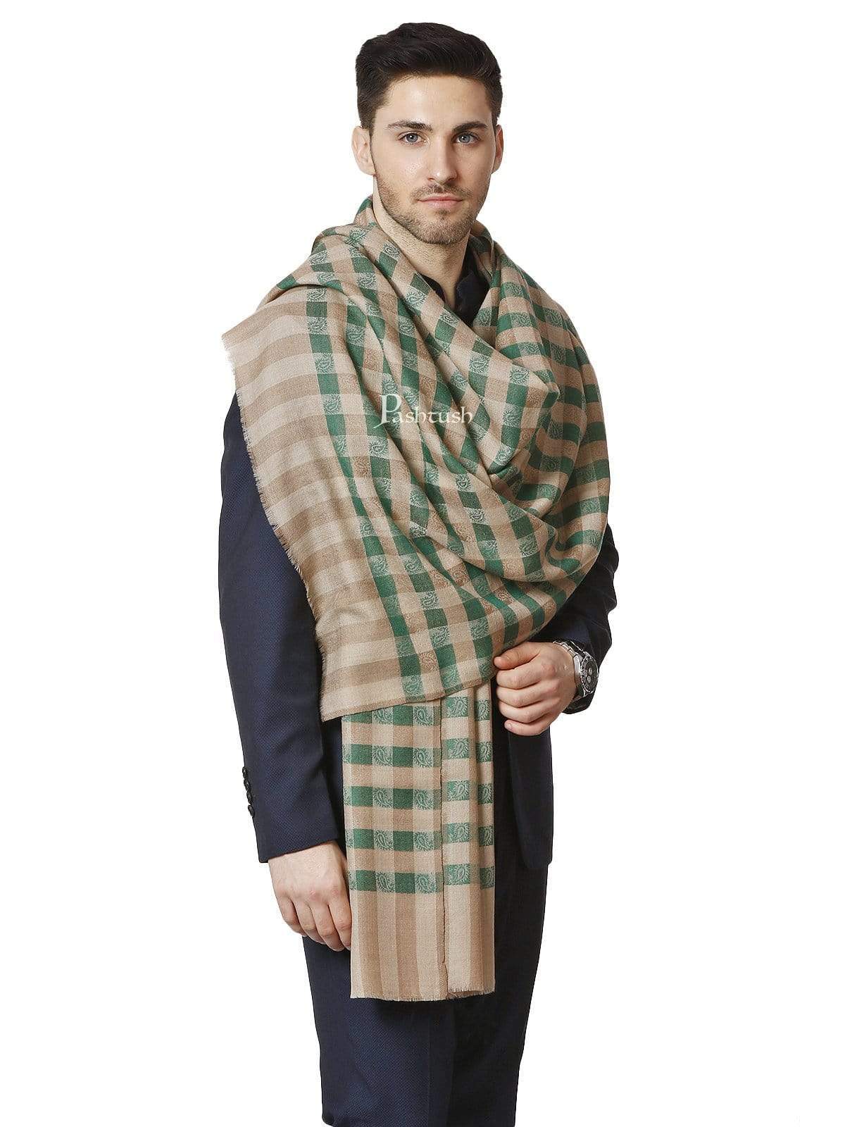 Pashtush India 70x200 Pashtush Mens Fine Wool Checkered Stole, Green and Beige