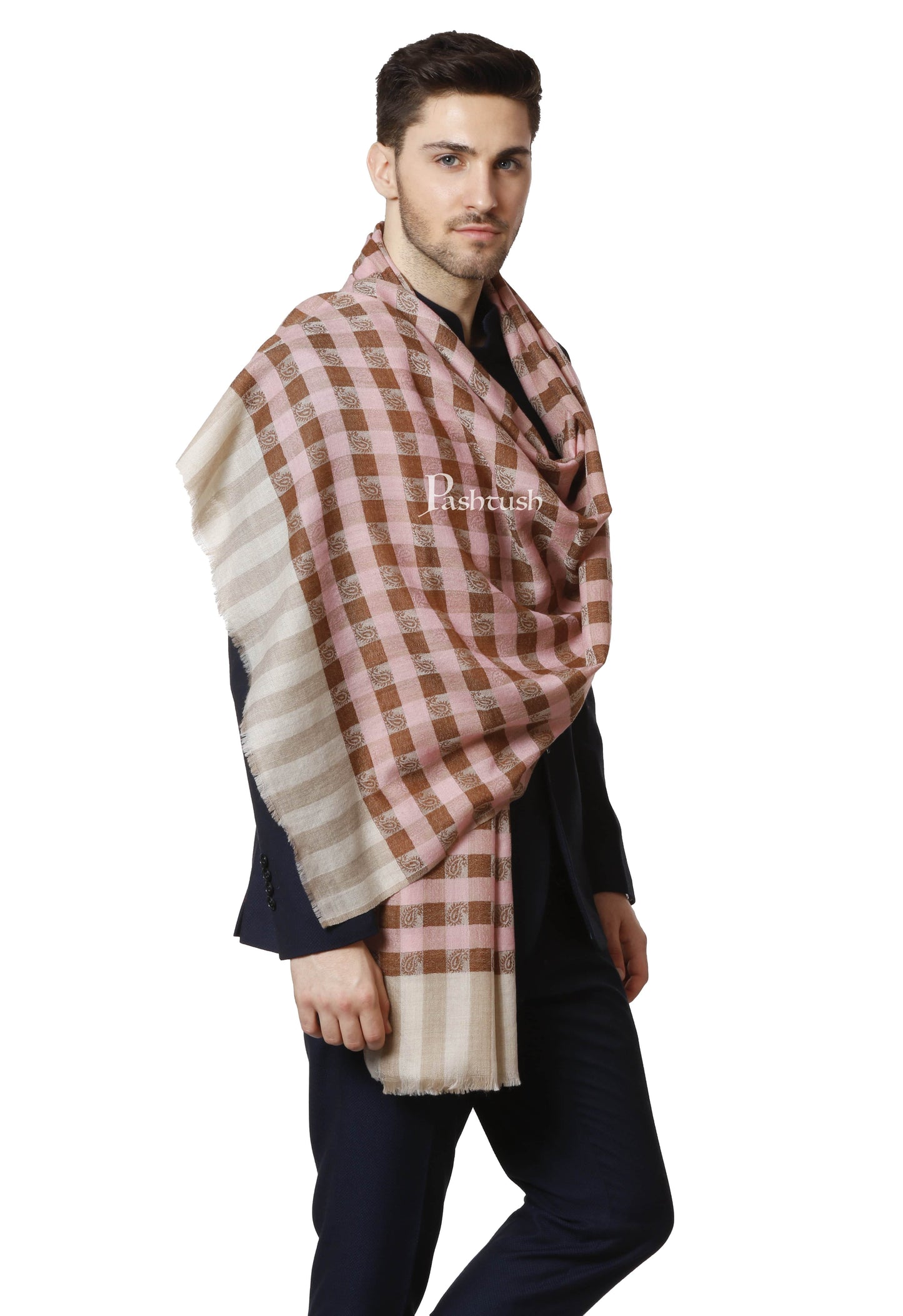 Pashtush India 70x200 Pashtush Mens Fine Wool Checkered Stole, Roseo Beige