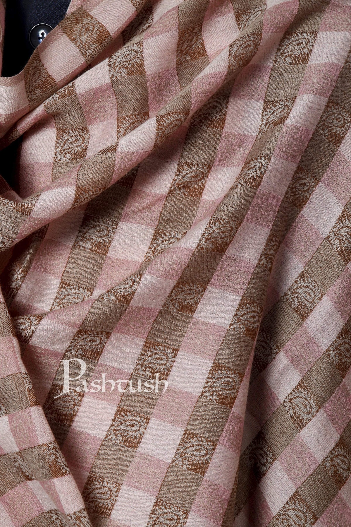 Pashtush India 70x200 Pashtush Mens Fine Wool Checkered Stole, Roseo Beige