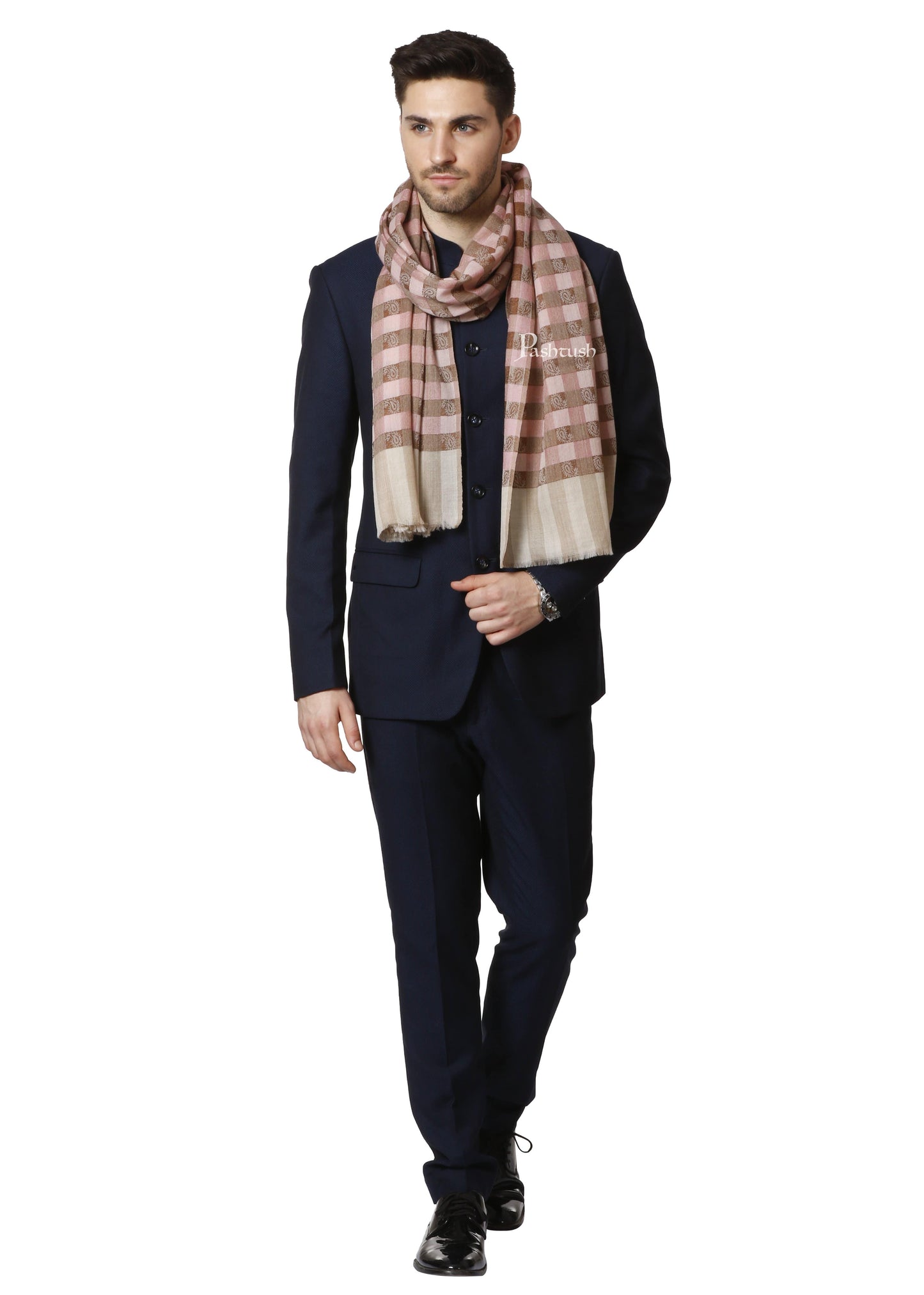 Pashtush India 70x200 Pashtush Mens Fine Wool Checkered Stole, Roseo Beige