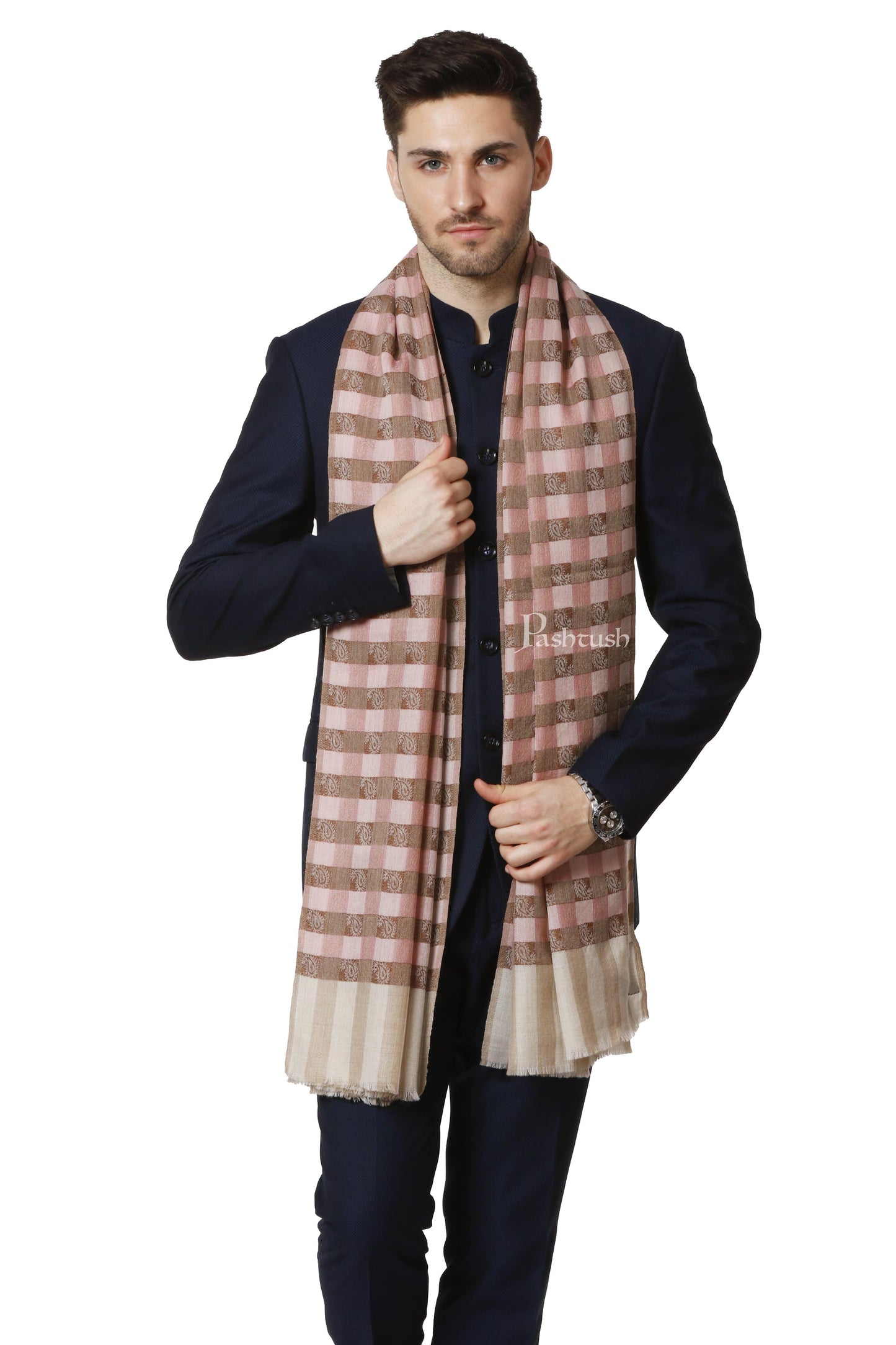 Pashtush India 70x200 Pashtush Mens Fine Wool Checkered Stole, Roseo Beige