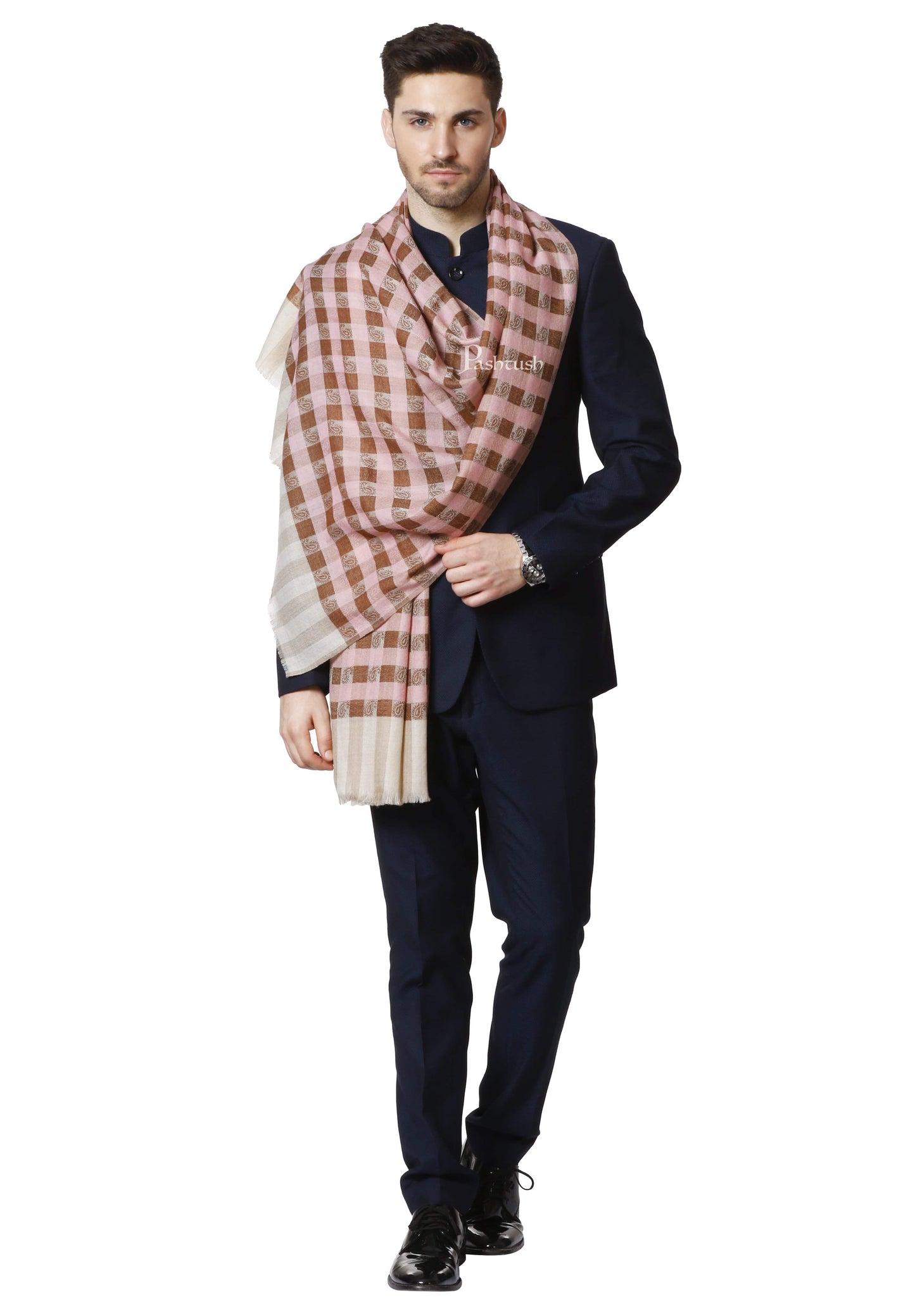 Pashtush India 70x200 Pashtush Mens Fine Wool Checkered Stole, Roseo Beige