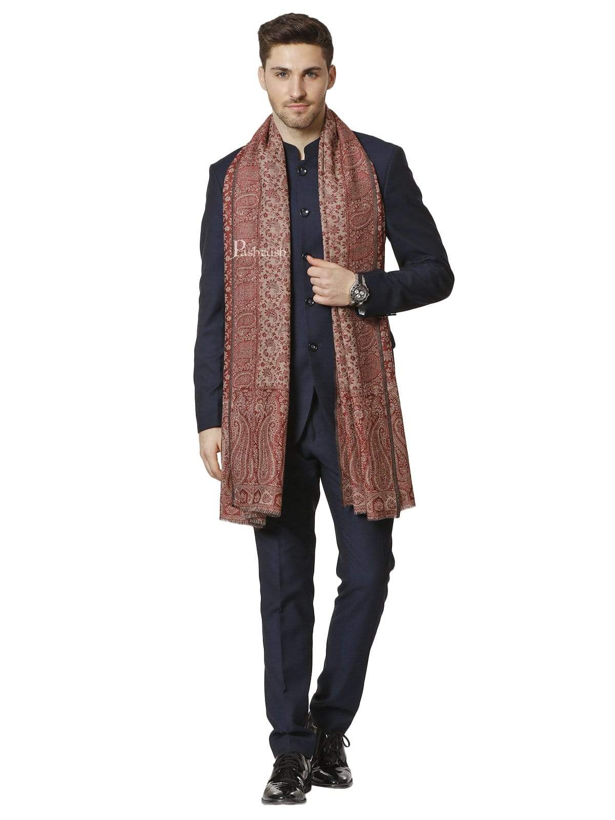 Pashtush India 70x200 Pashtush Mens Fine Wool Ethnic Stole, With Paisley Weave