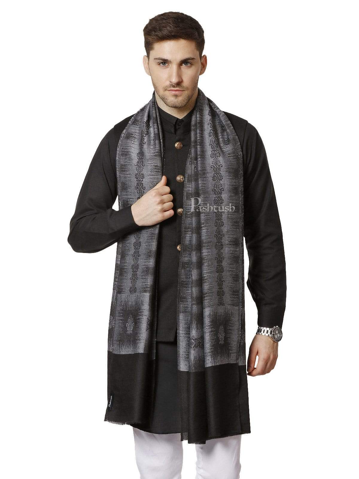 Pashtush India 70x200 Pashtush Mens Fine Wool Ikkat Design, Stole, Black and Grey