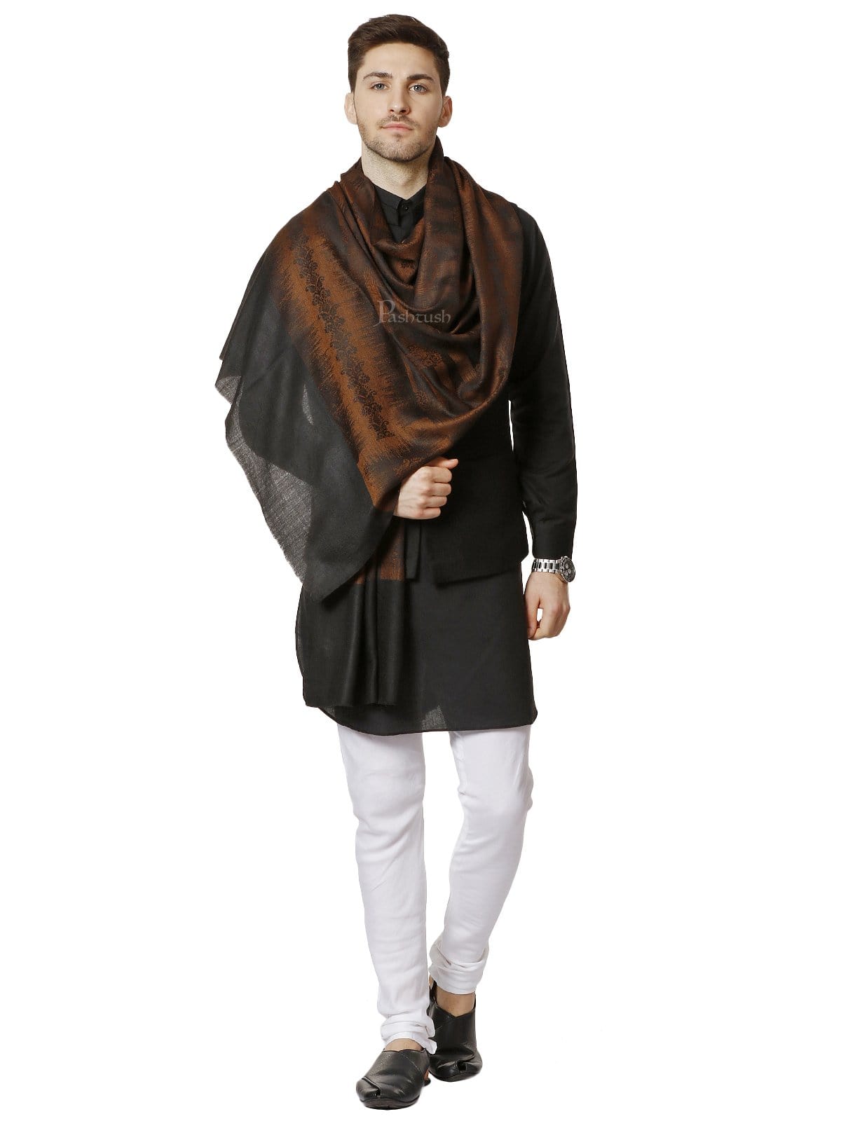 Pashtush India 70x200 Pashtush Mens Fine Wool Ikkat Design, Stole, Espresso Brown