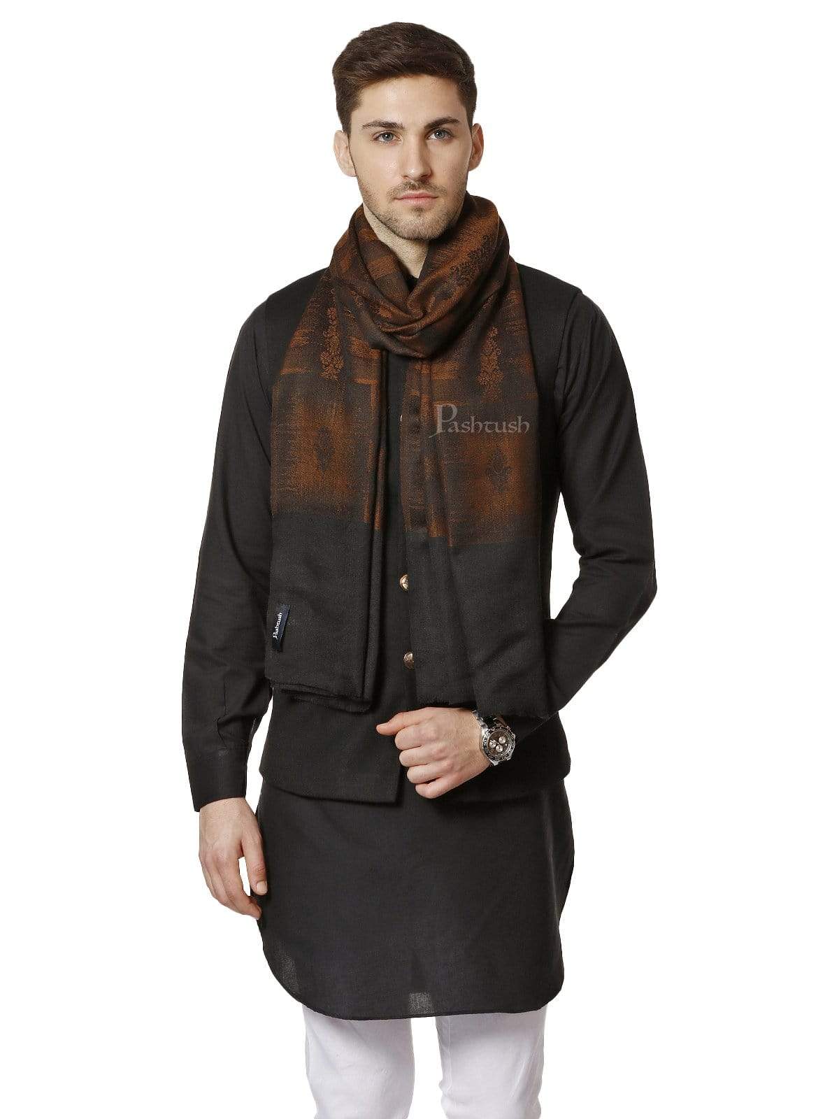 Pashtush India 70x200 Pashtush Mens Fine Wool Ikkat Design, Stole, Espresso Brown