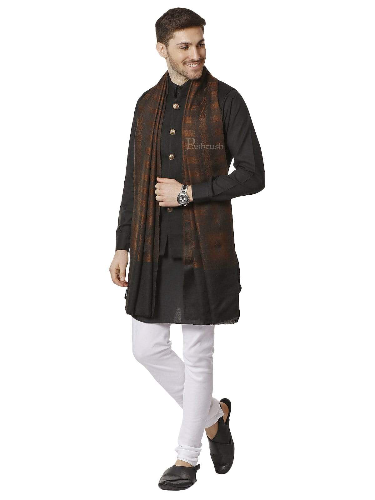 Pashtush India 70x200 Pashtush Mens Fine Wool Ikkat Design, Stole, Espresso Brown