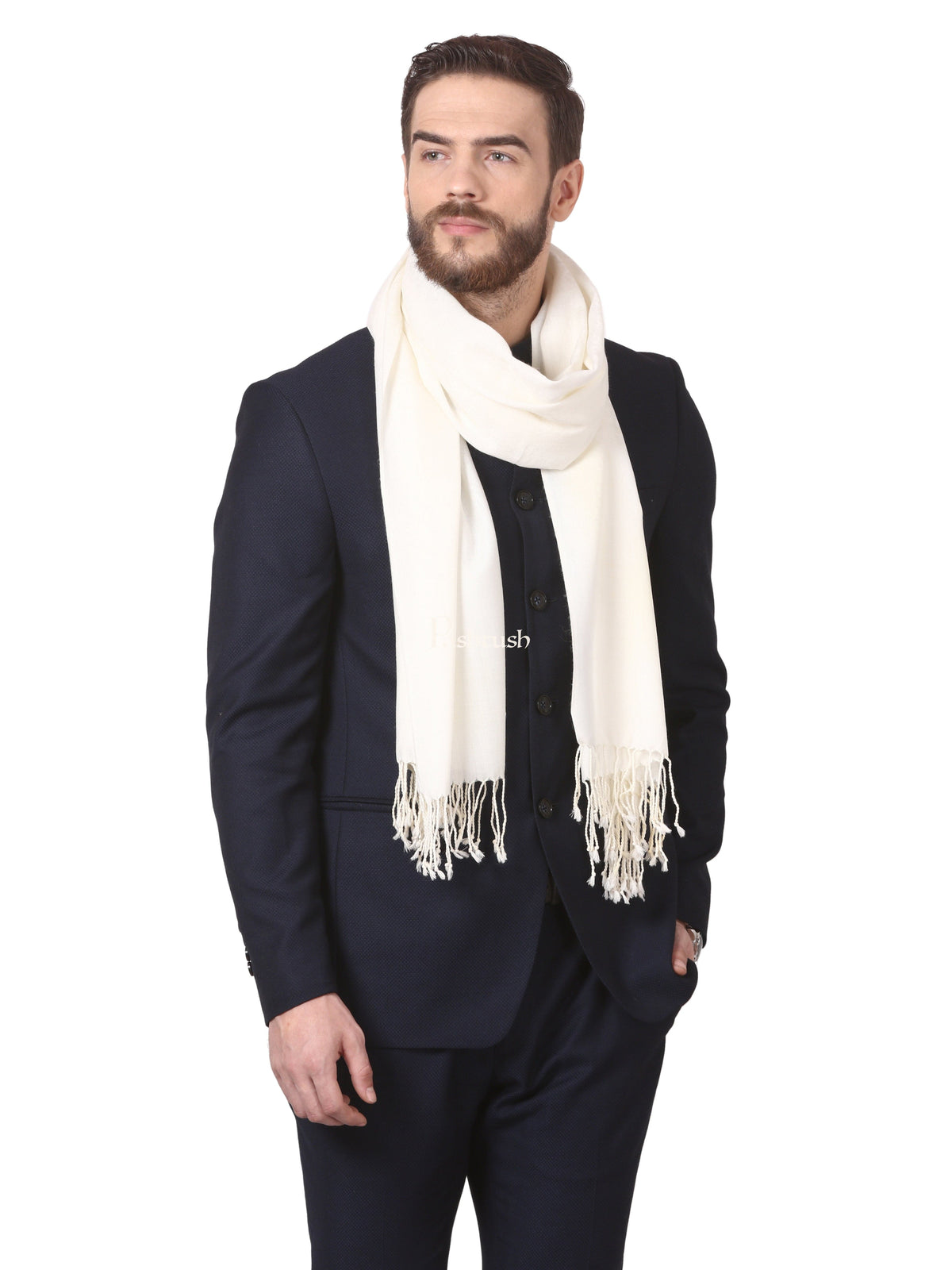 Pashtush India Mens Scarves Stoles and Mufflers Pashtush Mens Fine Wool Jacquard Muffler - Ivory