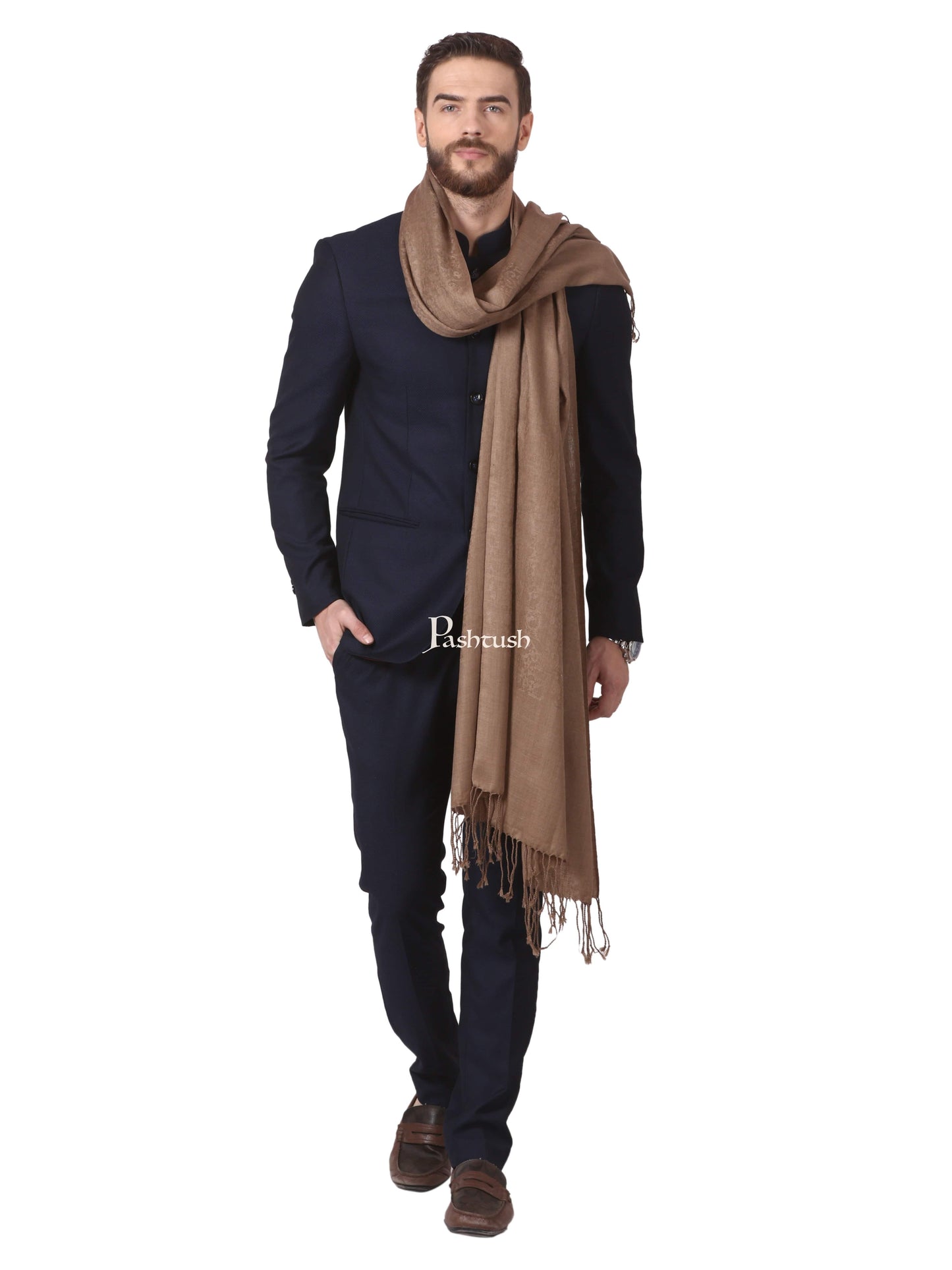 Pashtush India Mens Scarves Stoles and Mufflers Pashtush Mens Fine Wool Jacquard Muffler (Taupe Colour)