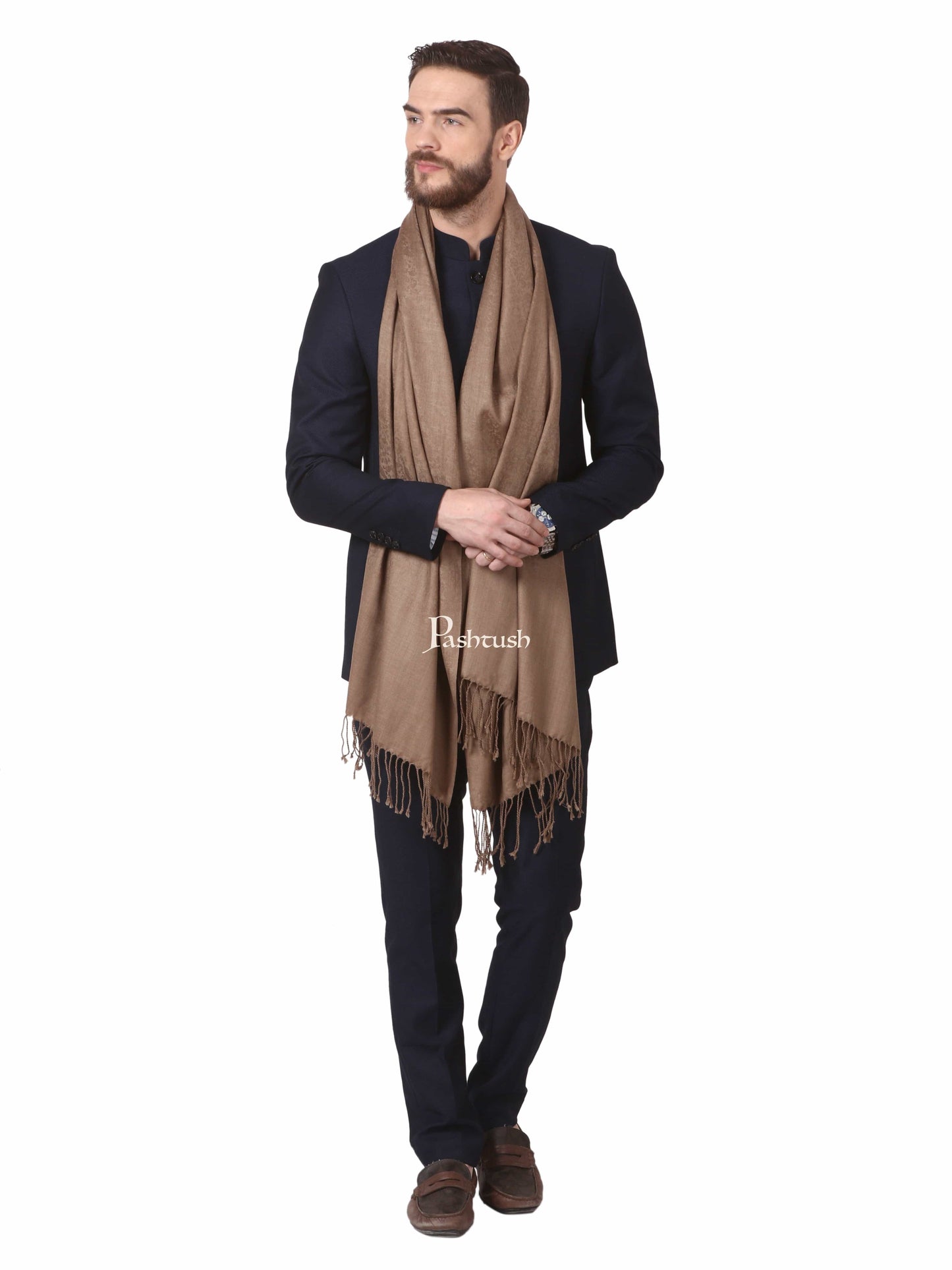 Pashtush India Mens Scarves Stoles and Mufflers Pashtush Mens Fine Wool Jacquard Muffler (Taupe Colour)