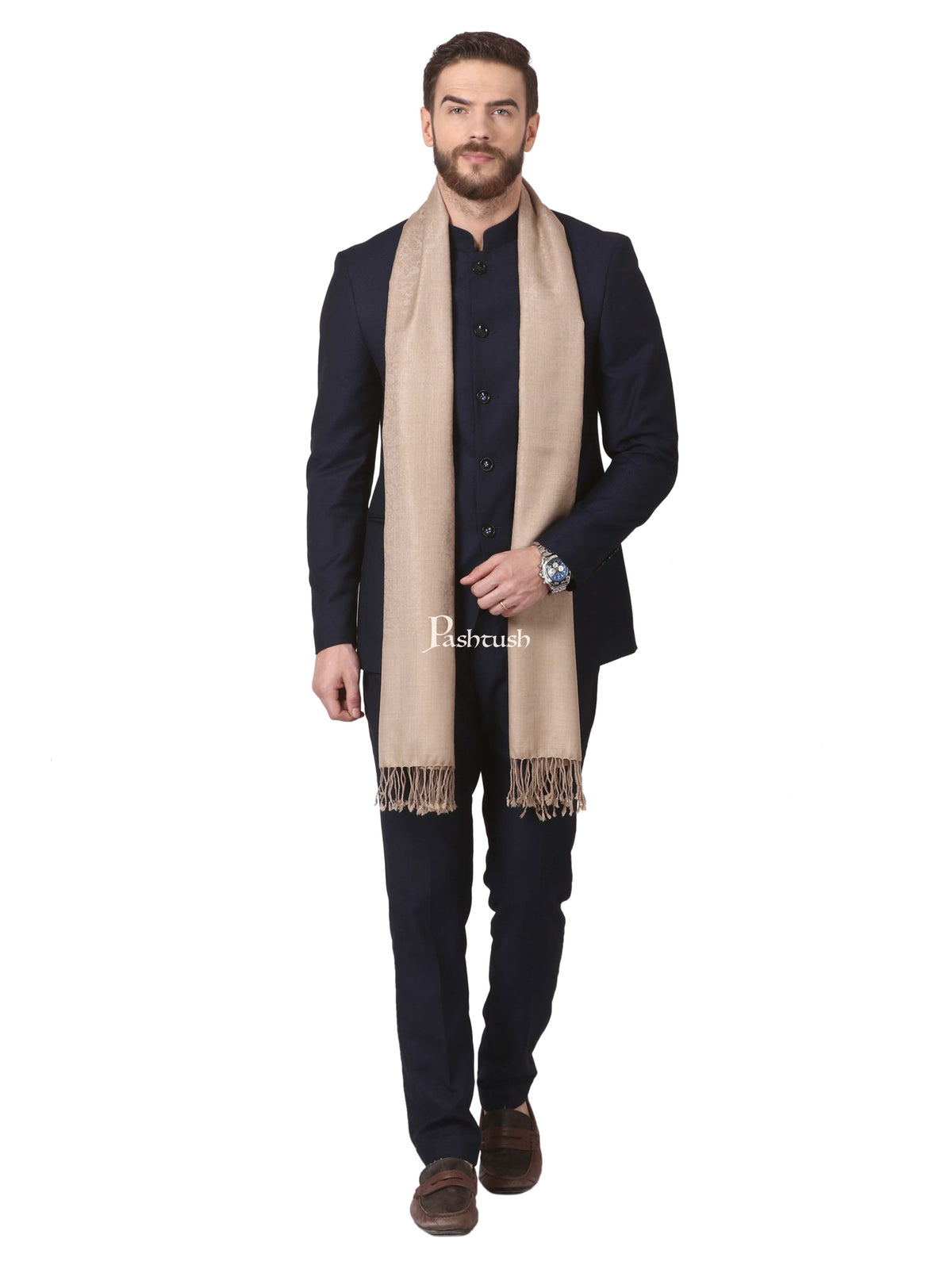 Pashtush India Mens Scarves Stoles and Mufflers Pashtush Mens Fine Wool Jacquard Scarf (Sahara)