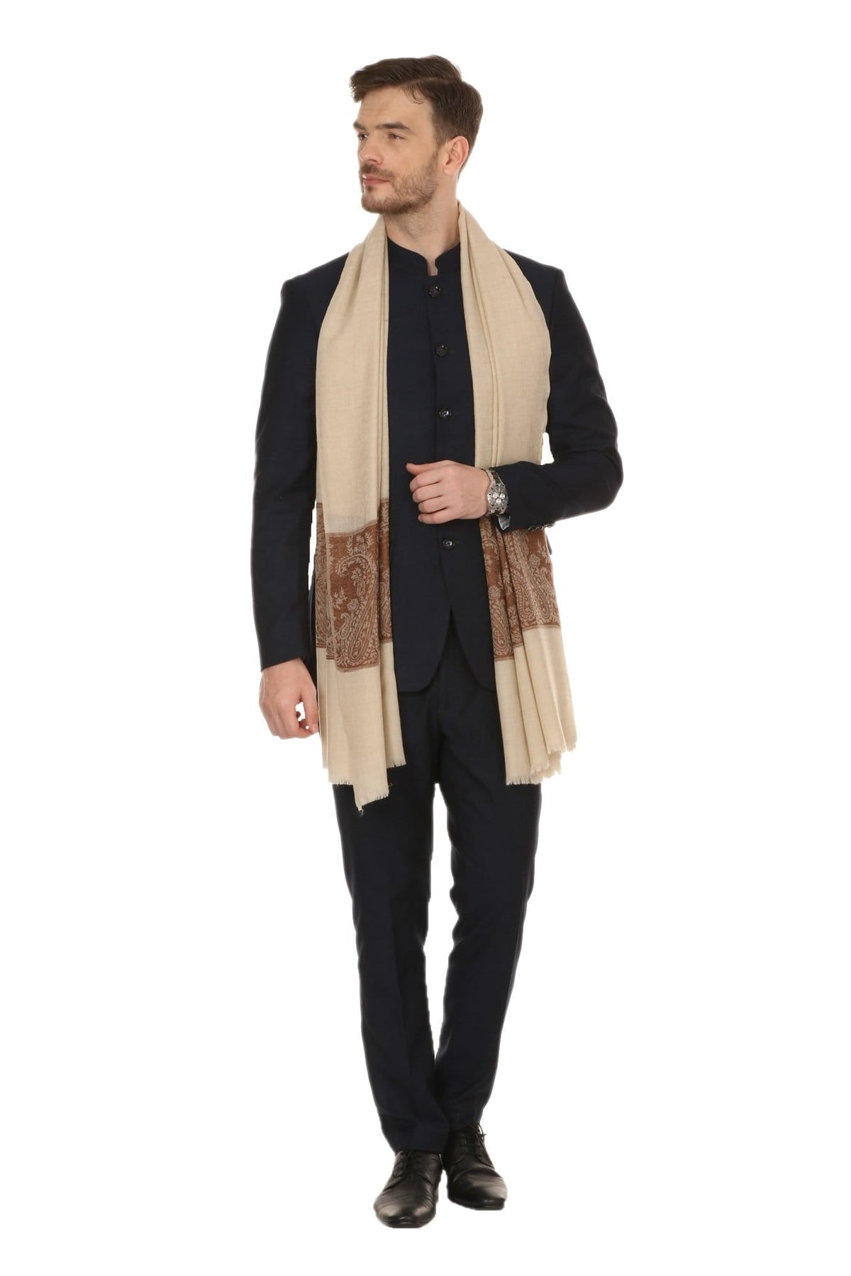 Pashtush Mens Extra Fine Wool Jacquard Stole, Beige