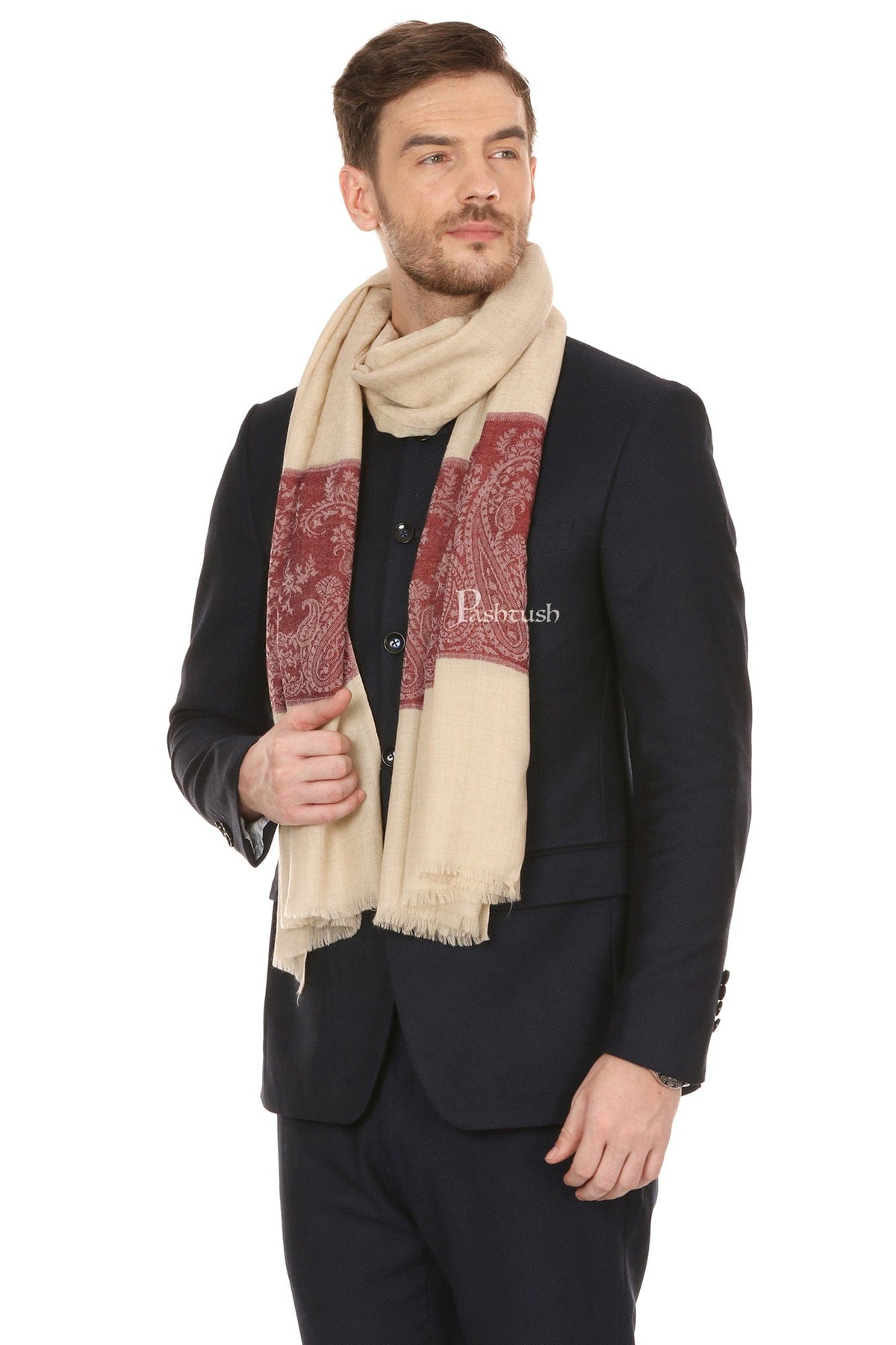 Pashtush India Mens Scarves Stoles and Mufflers Pashtush Mens Fine Wool Jacquard Stole, Beige