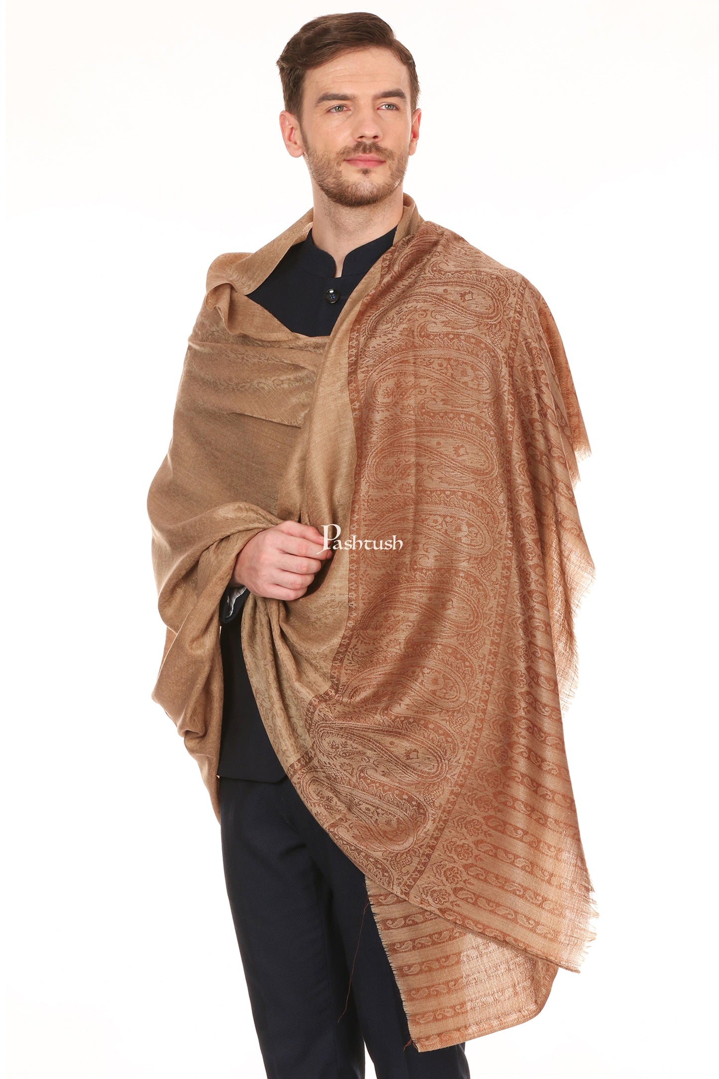 Pashtush India Mens Scarves Stoles and Mufflers Pashtush Mens Fine Wool Jacquard Stole, Beige