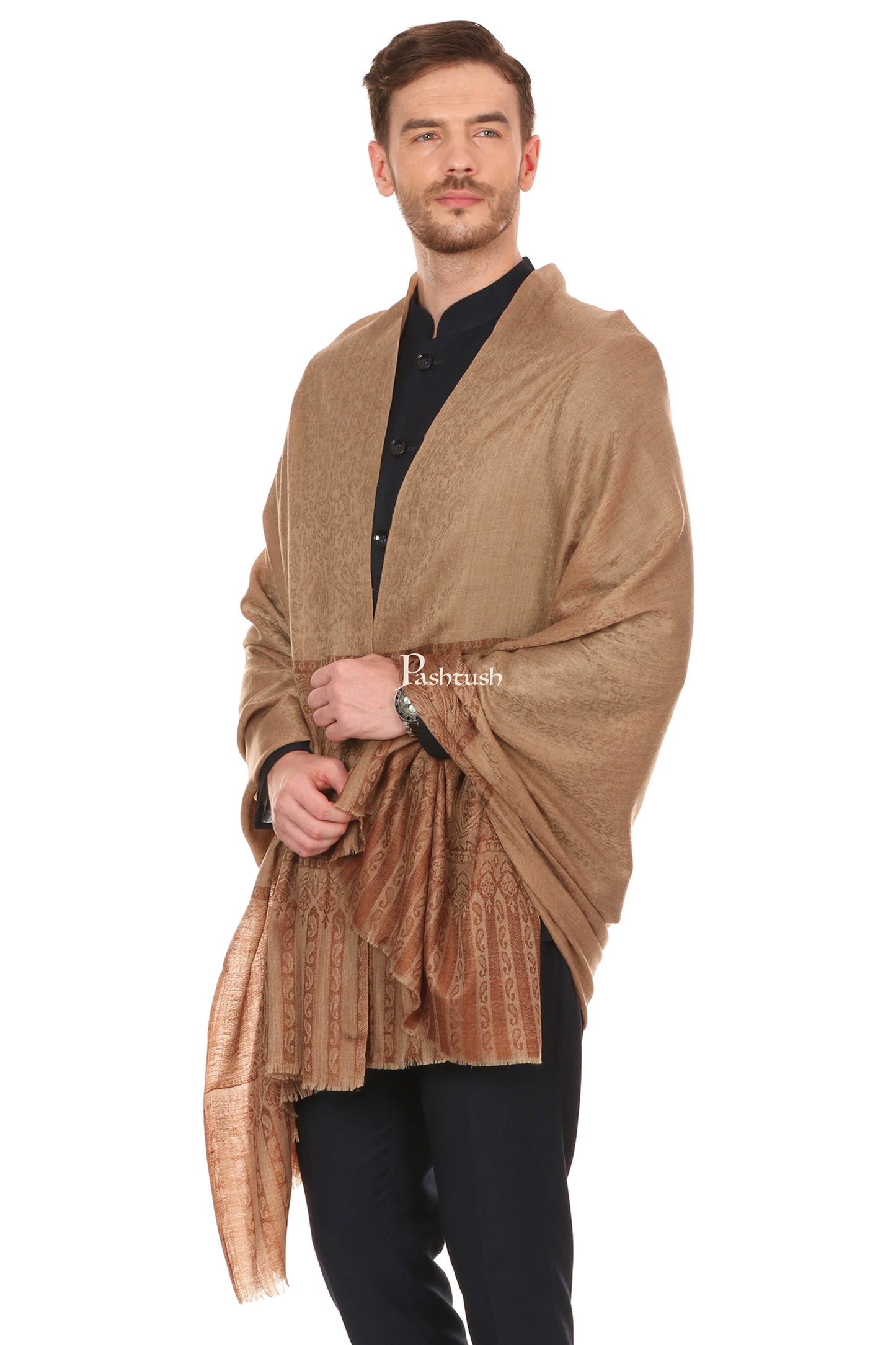 Pashtush India Mens Scarves Stoles and Mufflers Pashtush Mens Fine Wool Jacquard Stole, Beige