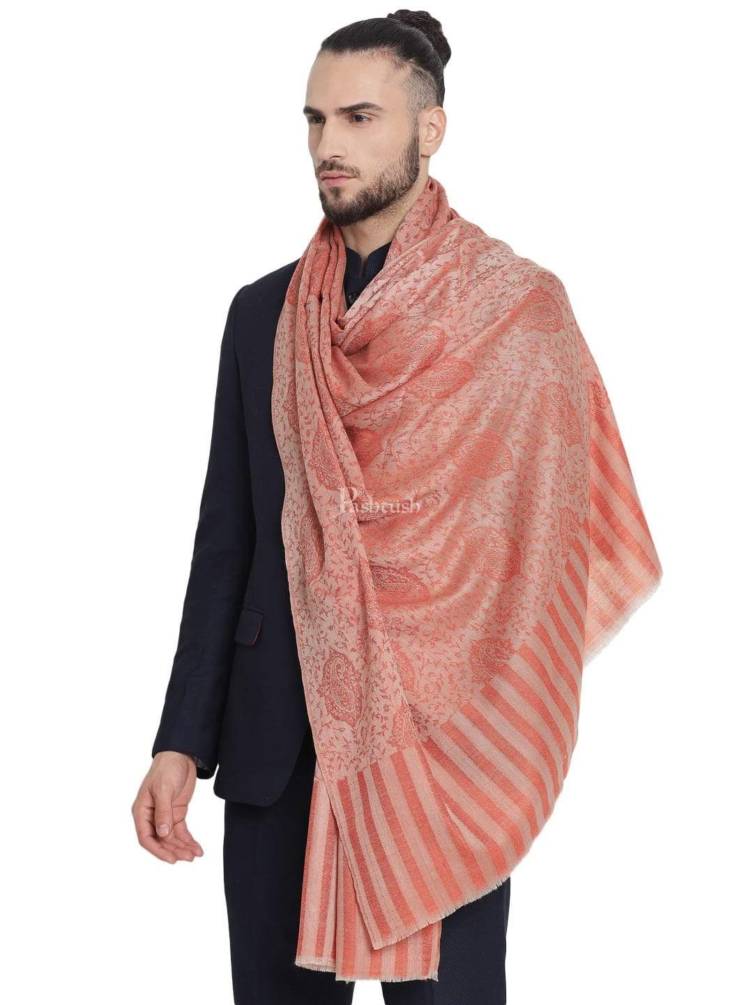 Pashtush India 70x200 Pashtush Mens Fine Wool Jacquard Stole, Bottle Peach