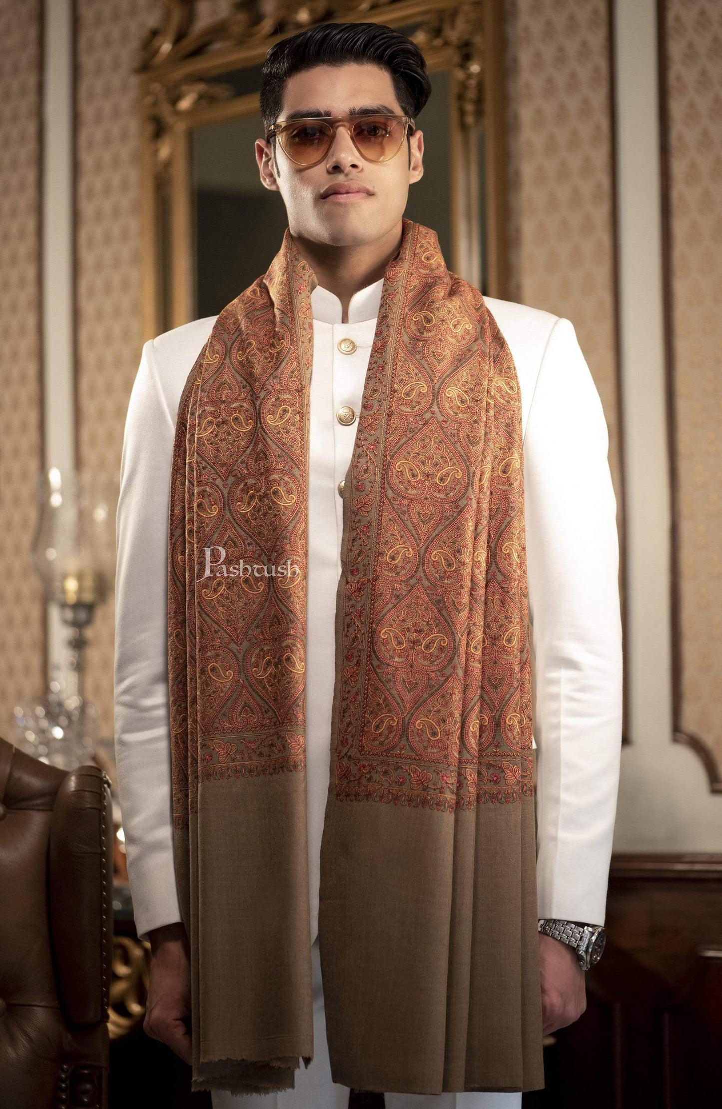 Pashtush India 100x200 Pashtush Mens Fine Wool , kashmiri Sozni embroidery stole