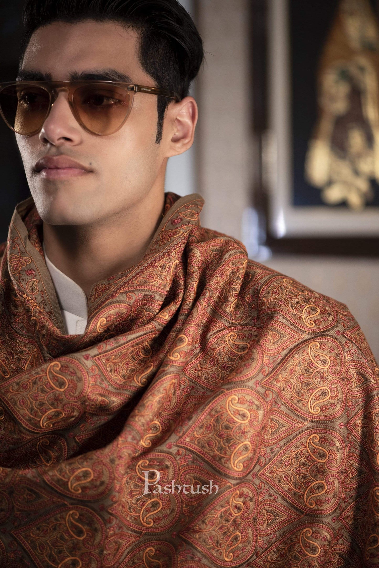 Pashtush India 100x200 Pashtush Mens Fine Wool , kashmiri Sozni embroidery stole