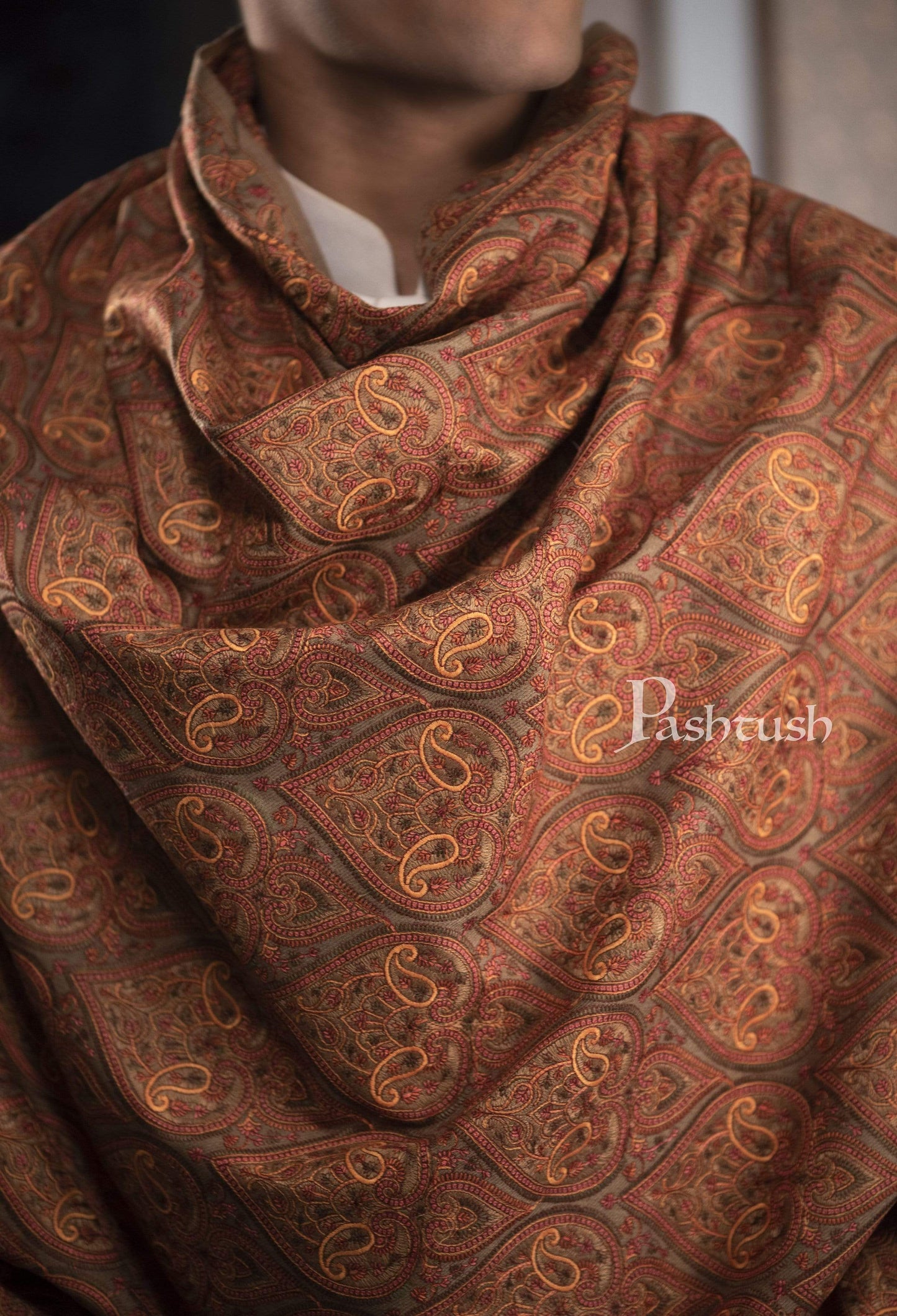 Pashtush India 100x200 Pashtush Mens Fine Wool , kashmiri Sozni embroidery stole