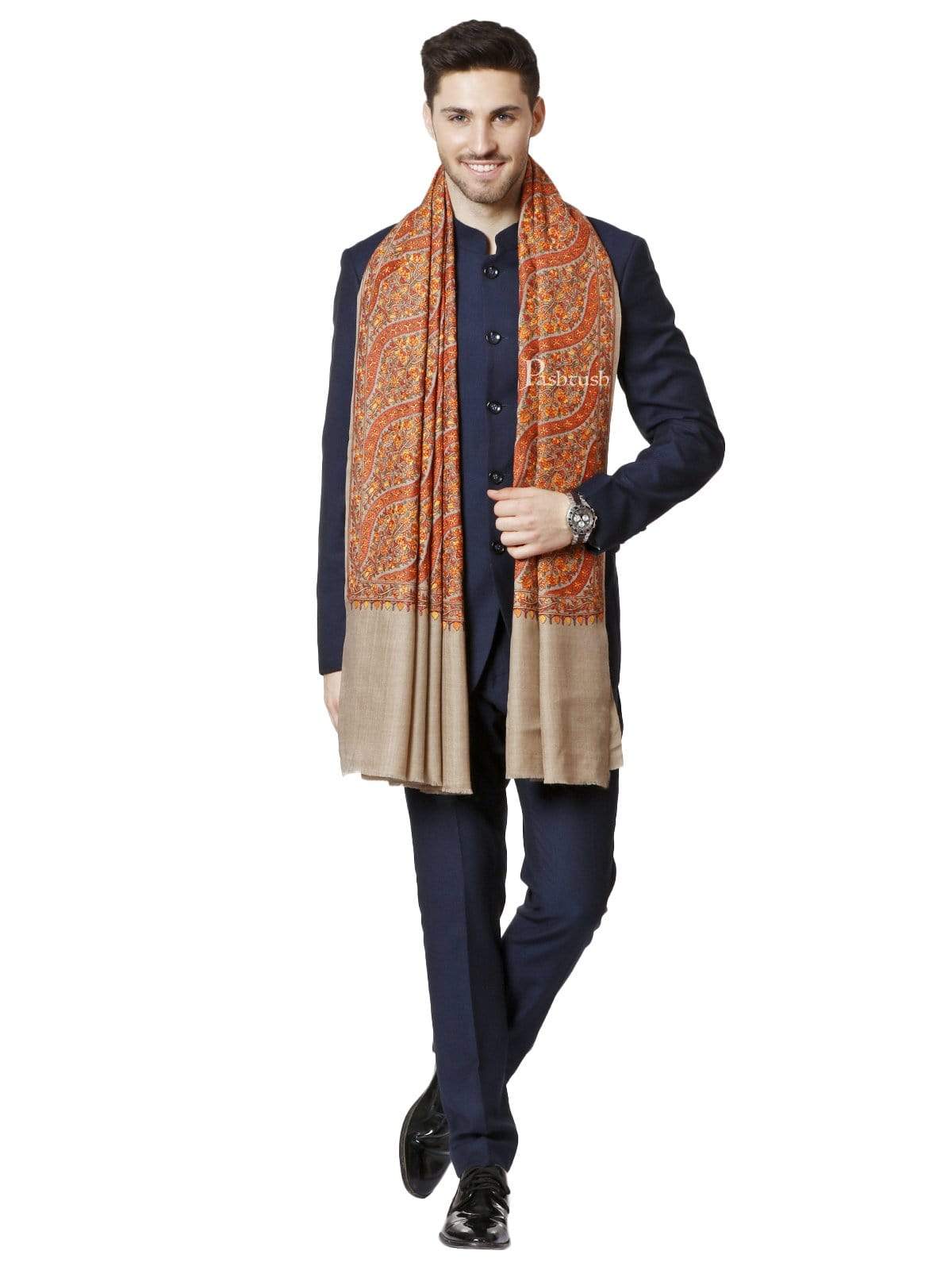 Pashtush India 100x200 PASHTUSH MENS FINE WOOL , KASHMIRI SOZNI EMBROIDERY STOLE