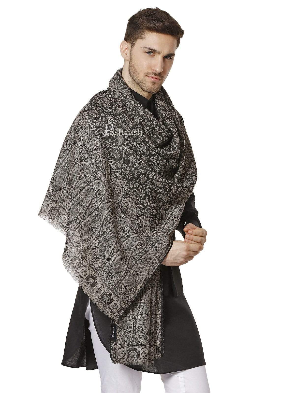 Pashtush India 70x200 Pashtush Mens Fine Wool Luxury Stole, Soft and Warm, Black and Grey