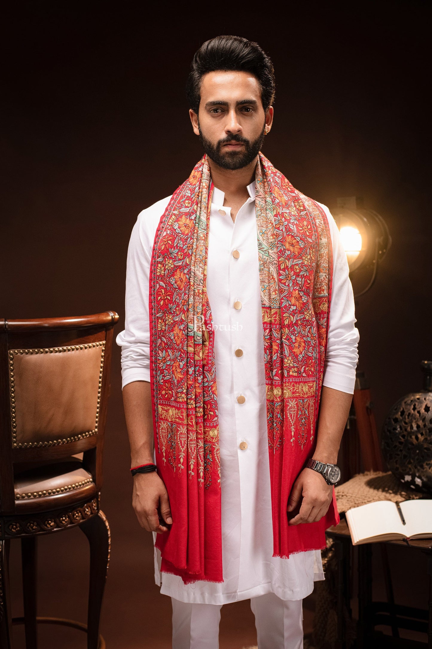 Pashtush India Mens Scarves Stoles and Mufflers Pashtush Mens Fine wool Papier Machè Embroidery Stole, Multicolour
