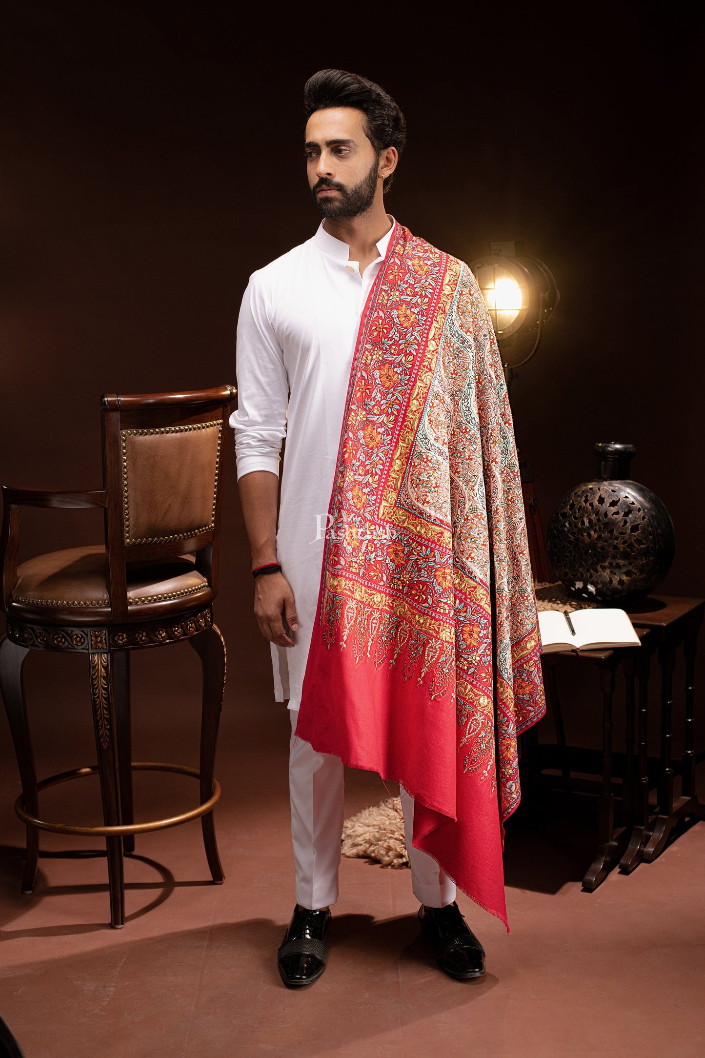 Pashtush India Mens Scarves Stoles and Mufflers Pashtush Mens Fine wool Papier Machè Embroidery Stole, Multicolour