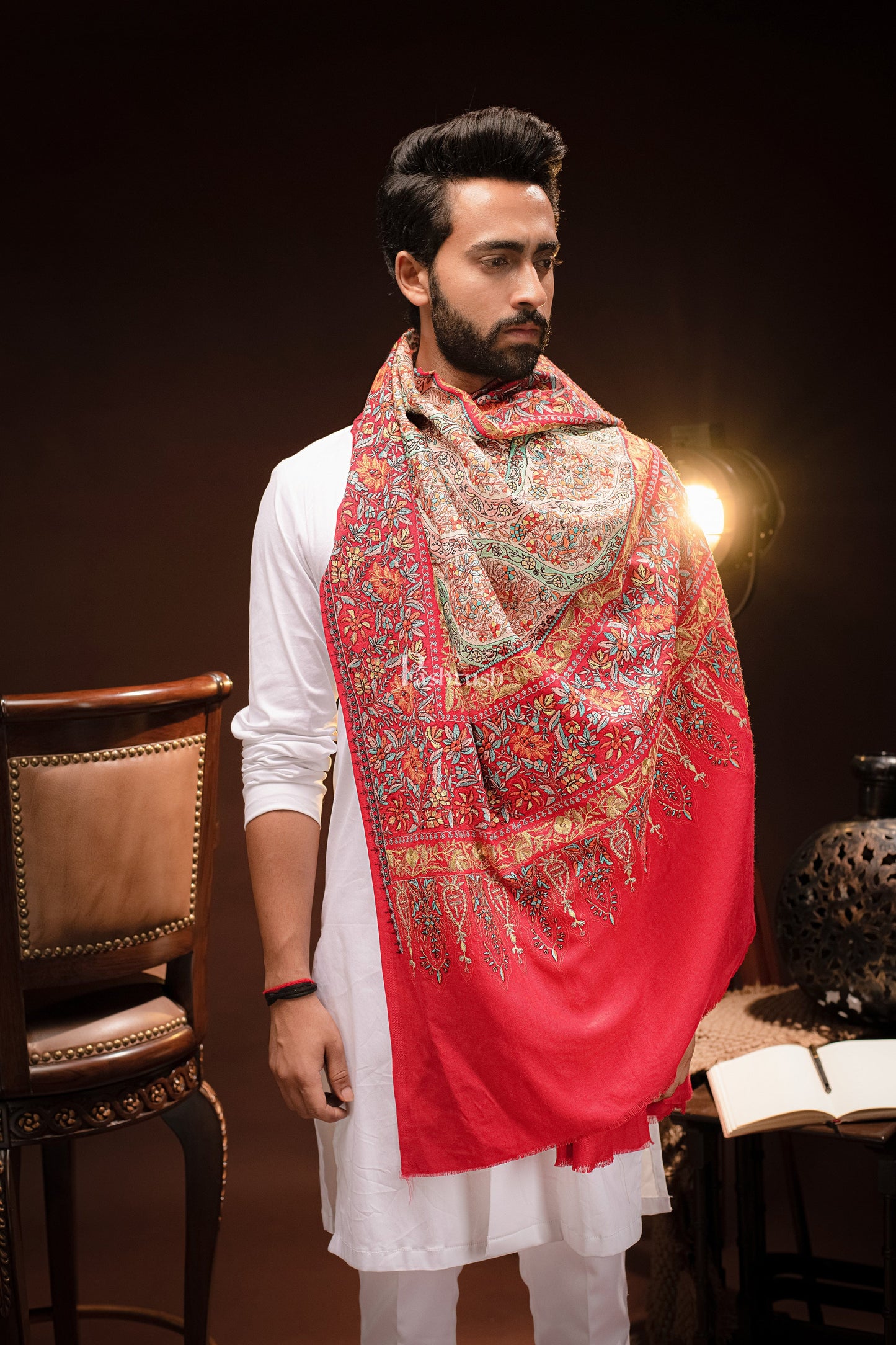 Pashtush India Mens Scarves Stoles and Mufflers Pashtush Mens Fine wool Papier Machè Embroidery Stole, Multicolour