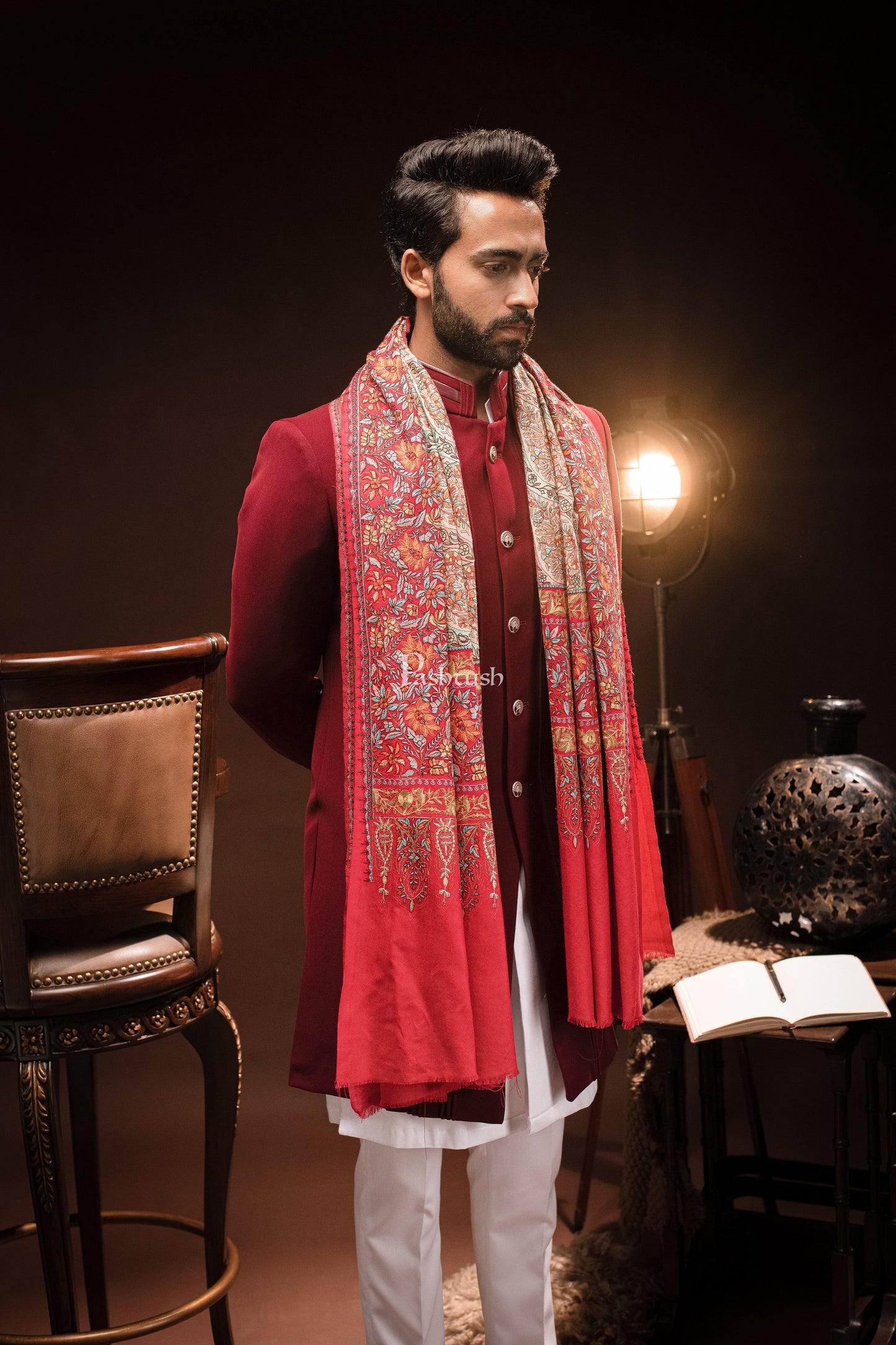 Pashtush India Mens Scarves Stoles and Mufflers Pashtush Mens Fine wool Papier Machè Embroidery Stole, Multicolour