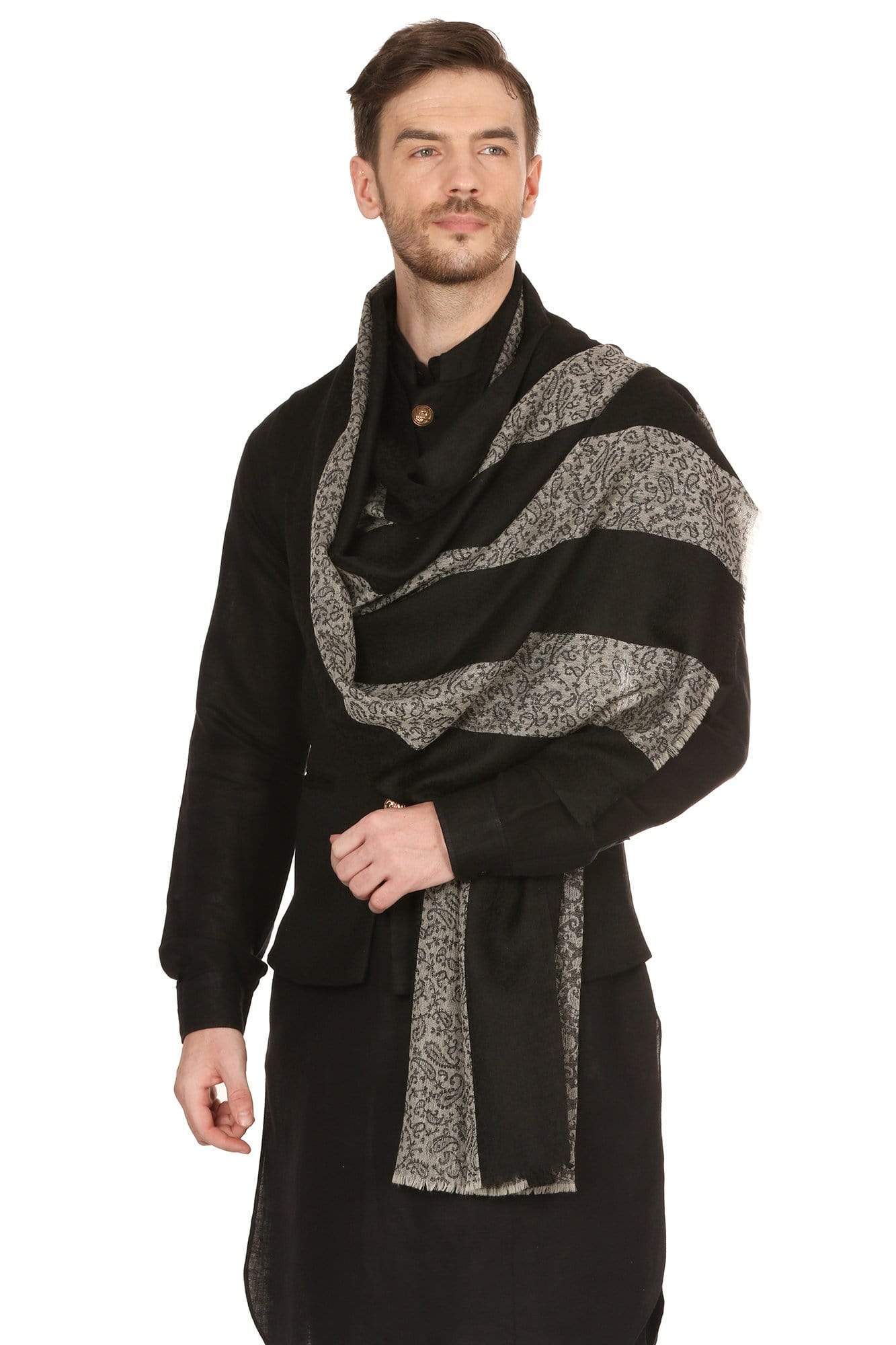 Pashtush India 70x200 Pashtush Mens Fine Wool Reversible Muffler - Black